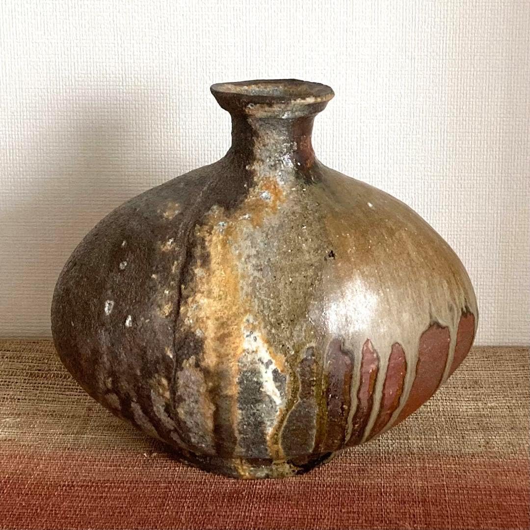 越前焼 西浦武 扁壺 自然秞 灰秞 陶器 花器 越前焼 手作り花瓶 西浦