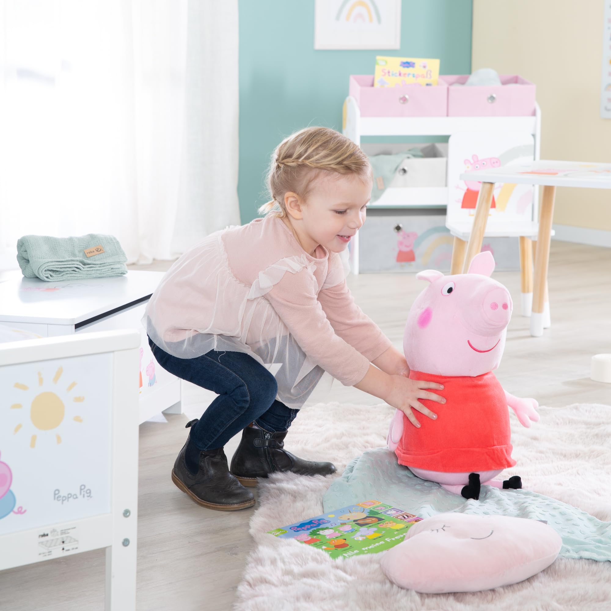 roba Estantería de Juguetes Infantil de Madera Peppa Pig - 5 Cajas de Tela Desmontables - Diseño de Cerda - Mueble de Almacenamiento para Juguetes y Libros - Rosa/Gris