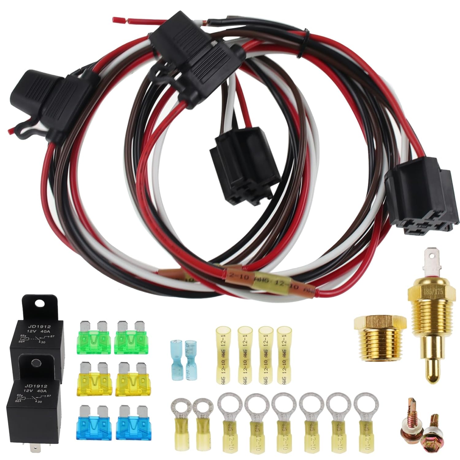 Dual Electric Fan Relay Kit, 40A Radiator Engine Cooling Fan Relay Temperature Sensor Switch 185 On 175 Off 4 Pin Waterproof Wiring Relay Kit for Car (Set of 2)