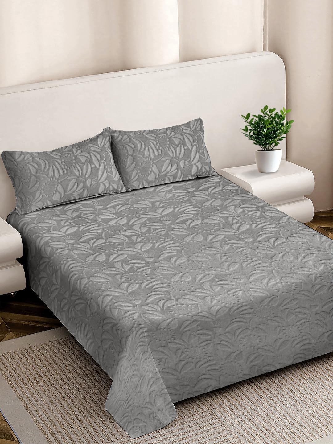 FABINALIV Light Grey Floral Woollen Embossed King Size Fitted Double Bedsheet with 2 Pillow Covers (FLWEBS-1179-LGrey)-image-20