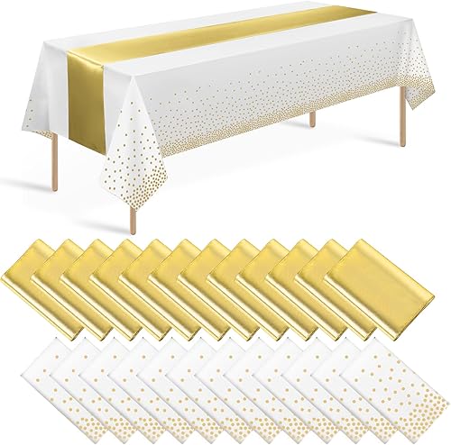 Miniatura 29 de Paquete de 12 manteles y caminos de mesa azules y dorados para decoración de fiesta, mantel desechable de plástico azul real y dorado y camino