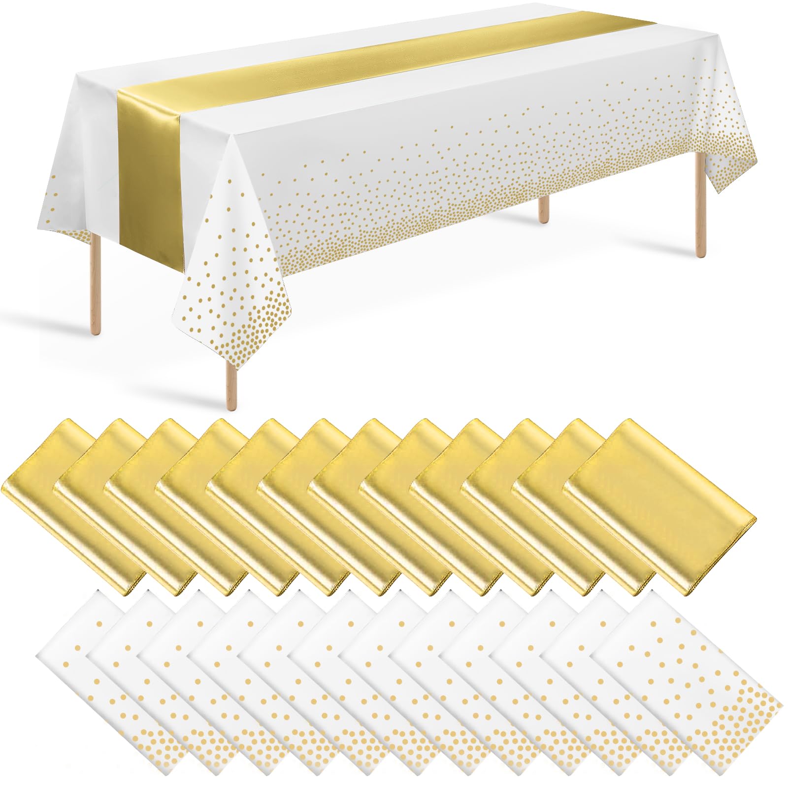 Paquete de 24 manteles y caminos de mesa blancos y dorados, decoraciones de fiesta, mantel desechable de plástico blanco y amarillo y camino de mesa de satén para boda, cumpleaños, graduación,