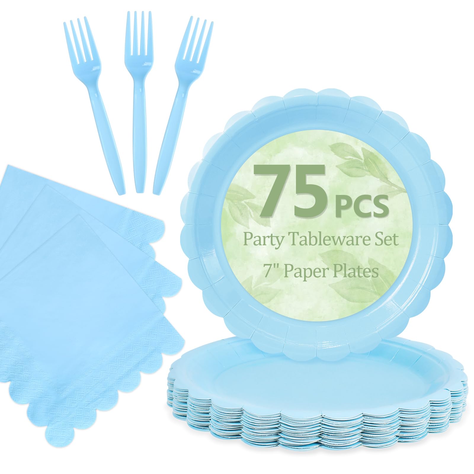 Light Blue Paper Plates and Napkins,Baby Blue Disposable Dinnerware, 25-7"