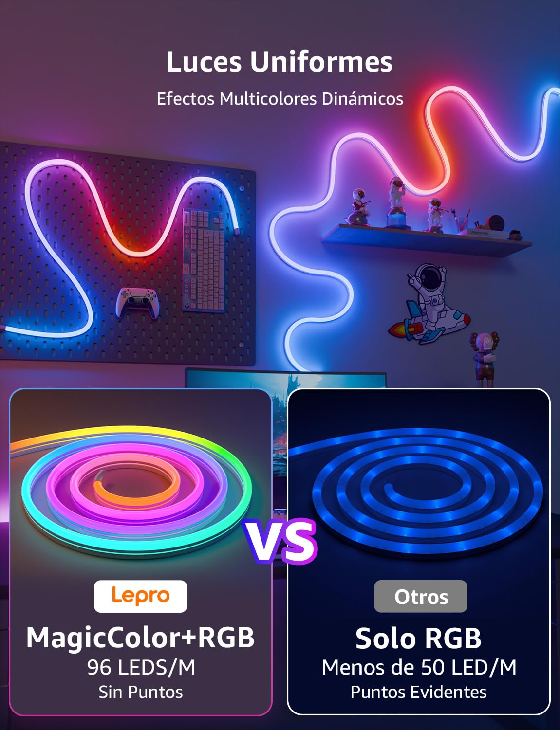 Lepro N1 AI Neon Tira LED 3 m, Diseñador de Iluminación AI Personalizado, Sync de Música y Control de Voz, IP65 Luces de Cuerda MagicColor, Funcion con Alexa y Google Home para DIY Dormitorio Fiesta