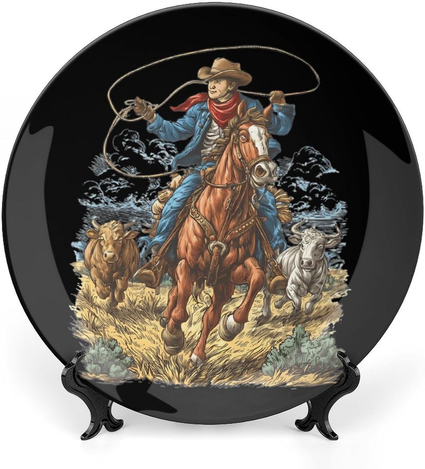 Cowboys on Horseback Decorative Plates for Display Ceramic Plate Tray with Stand Hanger Home Decor