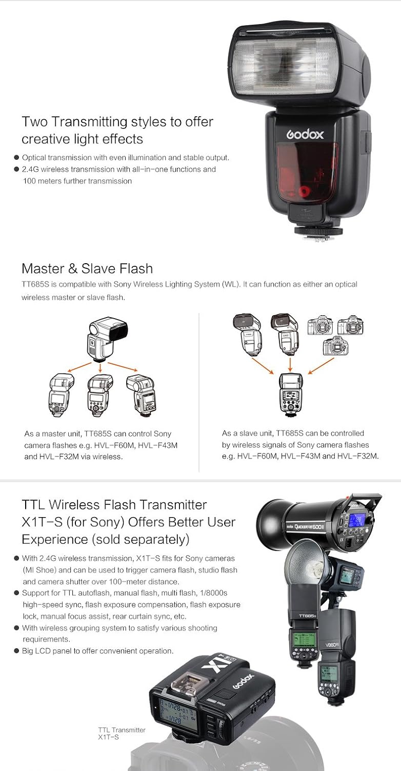 Black Friday - 50% OFF Godox TT685S HSS 1/8000S GN60 TTL Flash Speedlite 0.1-2.s Recycle Time 230 Full Power Flashes Supports TTL/M/Multi/S1/S2 Modes 20-200mm Auto/Manual Zooming for Sony DSLR with MI Shoe