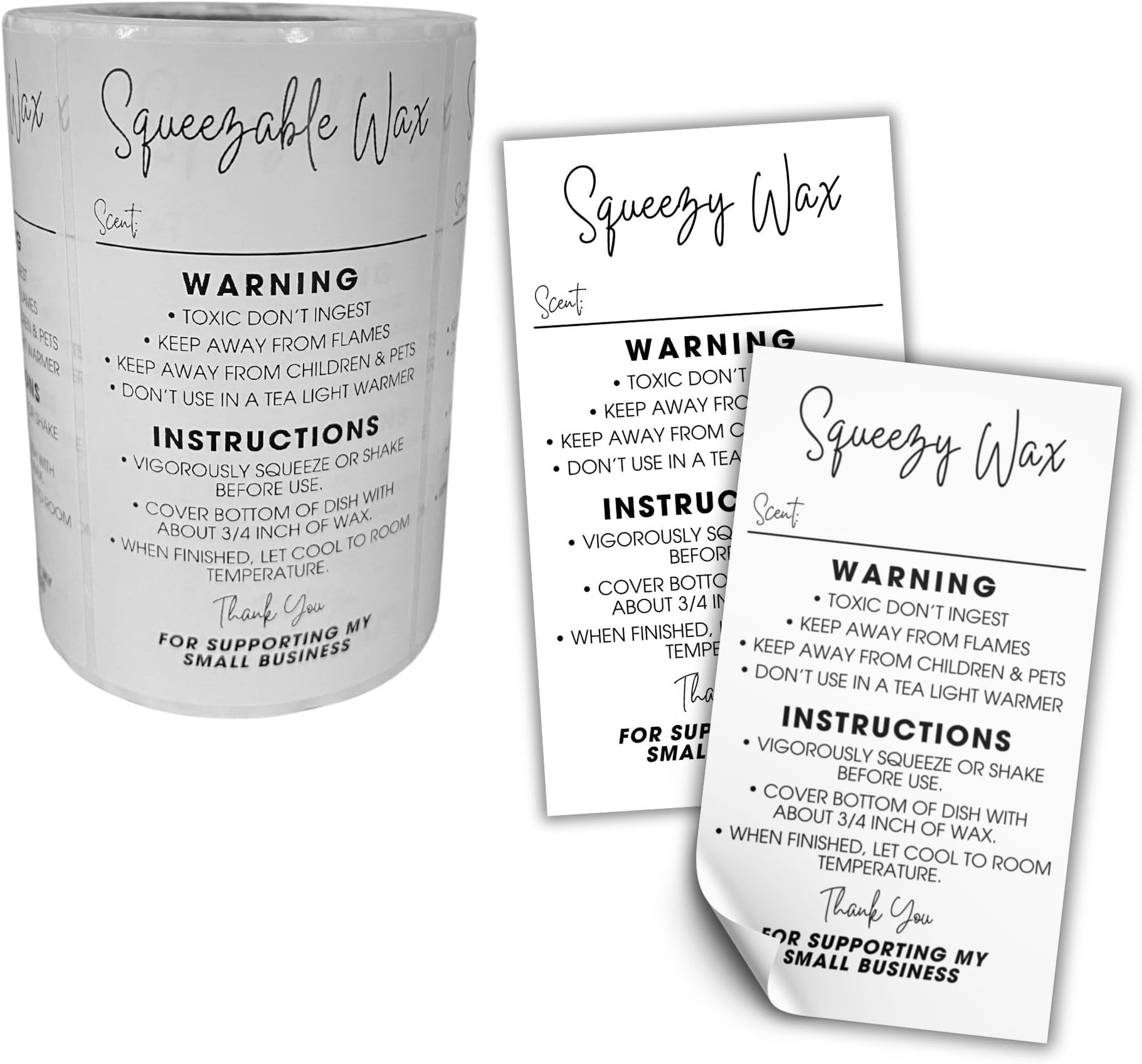 Squeezy Wax Instruction Sticker Squeezable Liquid Melt | 250pc/roll 2x3.5” Minimalist Scent Write in Client Care Warning Label Directions Long Lasting Scented Warmer