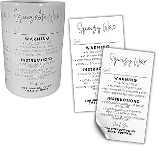 Squeezy Wax Instruction Sticker Squeezable Liquid Melt | 250pc/roll 2x3.5” Minimalist Scent Write in Client Care Warning Label Directions Long Lasting Scented Warmer