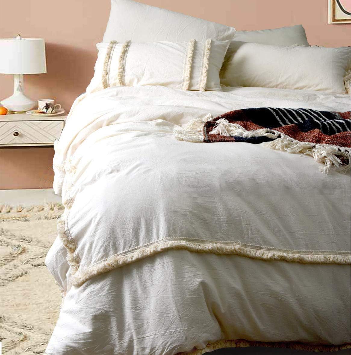 Flber outlet Frayed Edge Duvet Cover Queen Boho Geometric Cotton Bedding Cover,86"x90"(Full/Queen)