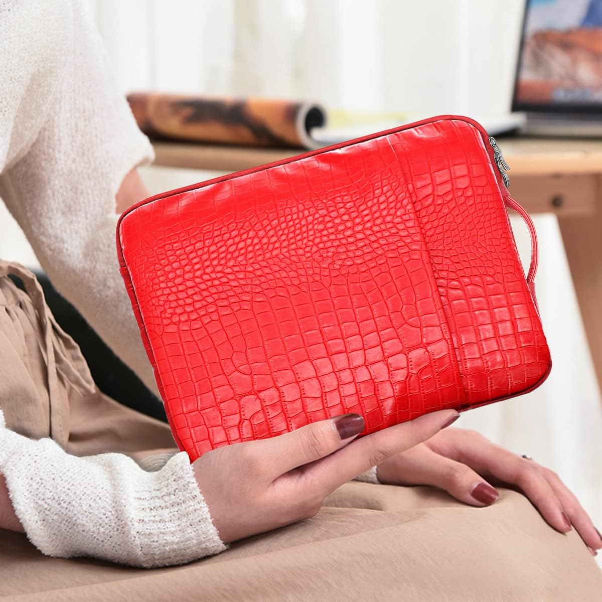 OneGET Laptop Sleeve Case Compatible with MacBook Pro 14 15-15.6 inch MacBook Pro Retina Notebook, Polyester Vertical PU Leather Bag with Pocket (15.6-16Inch, Red)