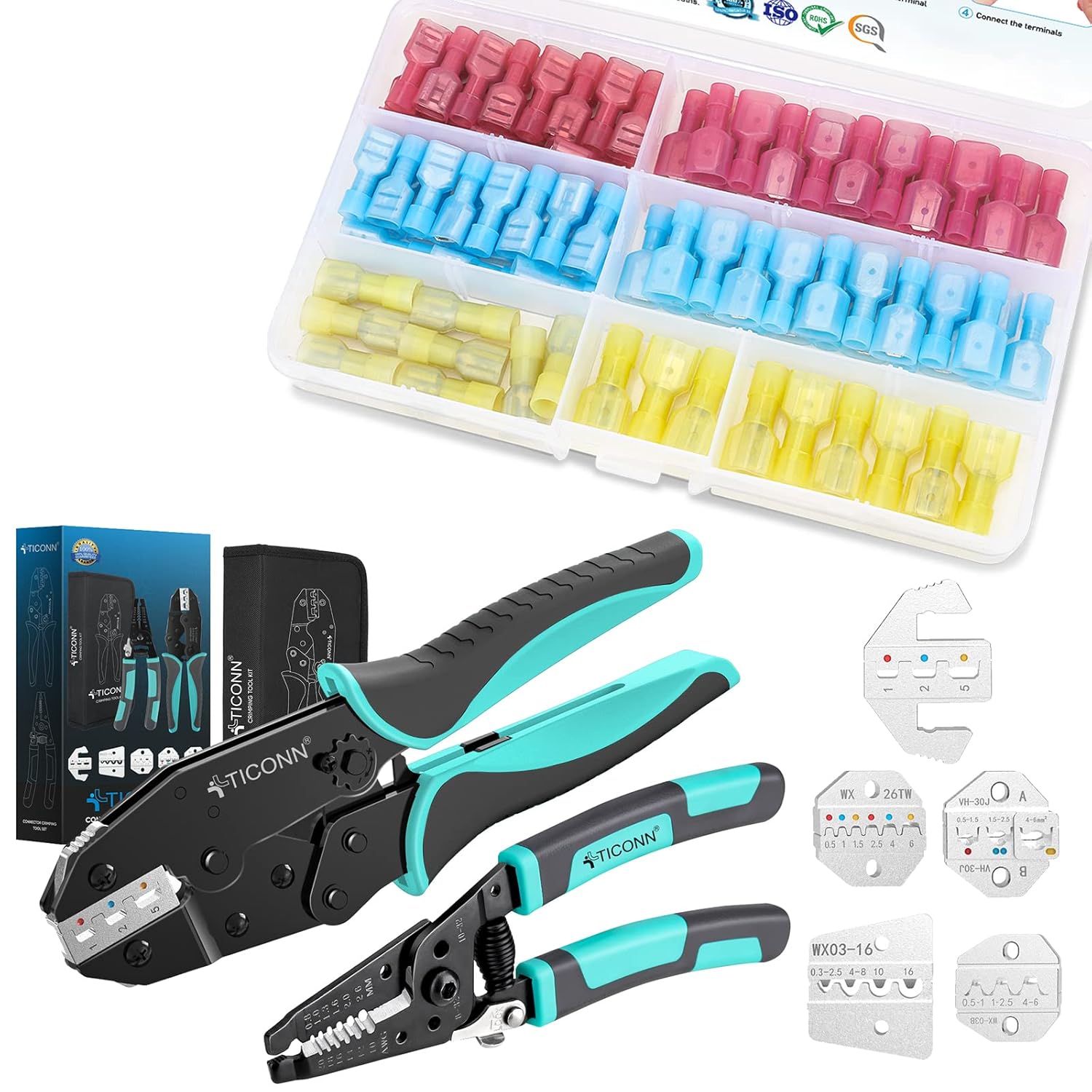 TICONN 100 Pcs Nylon Spade Quick Disconnect Connectors Kit+Crimping Tool for Heat Shrink Connectors