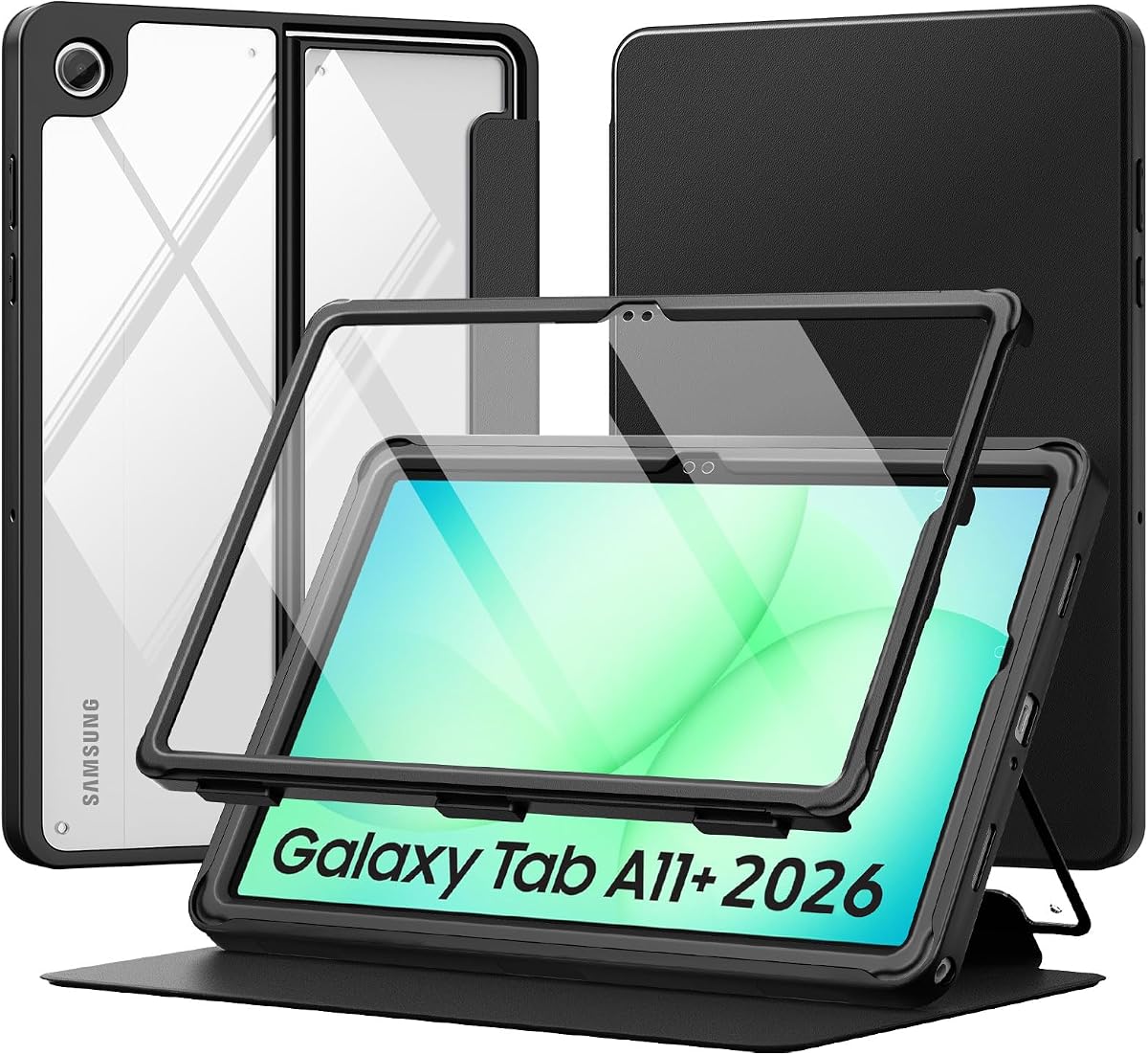 MoKo Clear Case for Samsung Galaxy Tab A11+ Plus 5G 11 Inch 2026, Black | Magnetic Multi-Angle Stand, Built-in Screen Protector, Auto Wake/Sleep, Stain-Resistant Surface, 3-layer Rock-solid Shield
