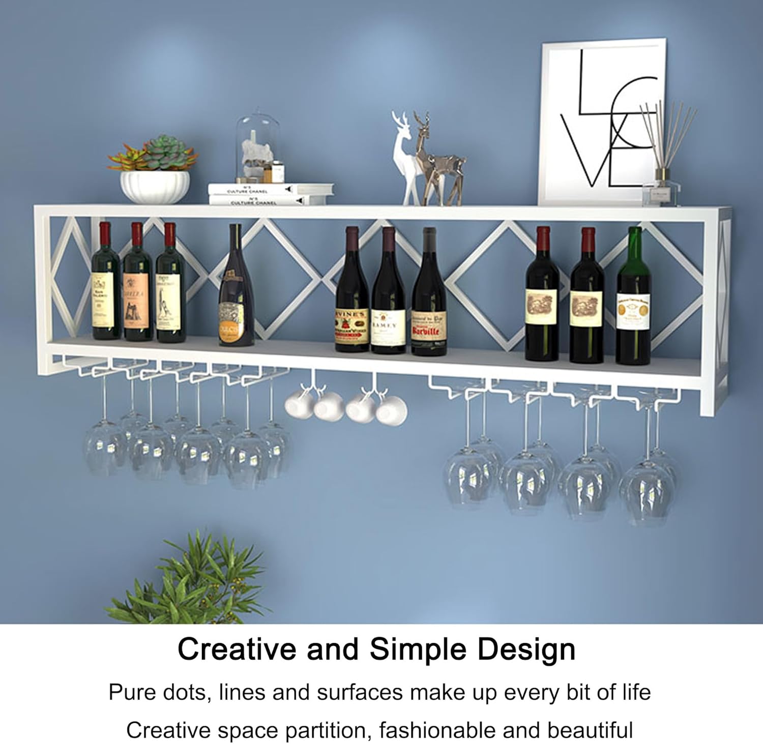 Elegant Wall Mounted Wine Rack with Glass Holder - Stylish Bottle Display Shelf for Home Bar Kitchen or Dining Room - White Finish Wine Storage Solution