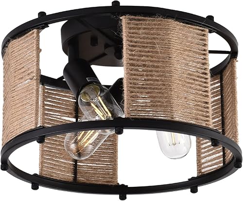 Miniatura 6 de Lámpara de techo de ratán tejida de granja, 4 luces de techo semiempotradas, lámpara de techo industrial de cuerda de cáñamo para pasillo,