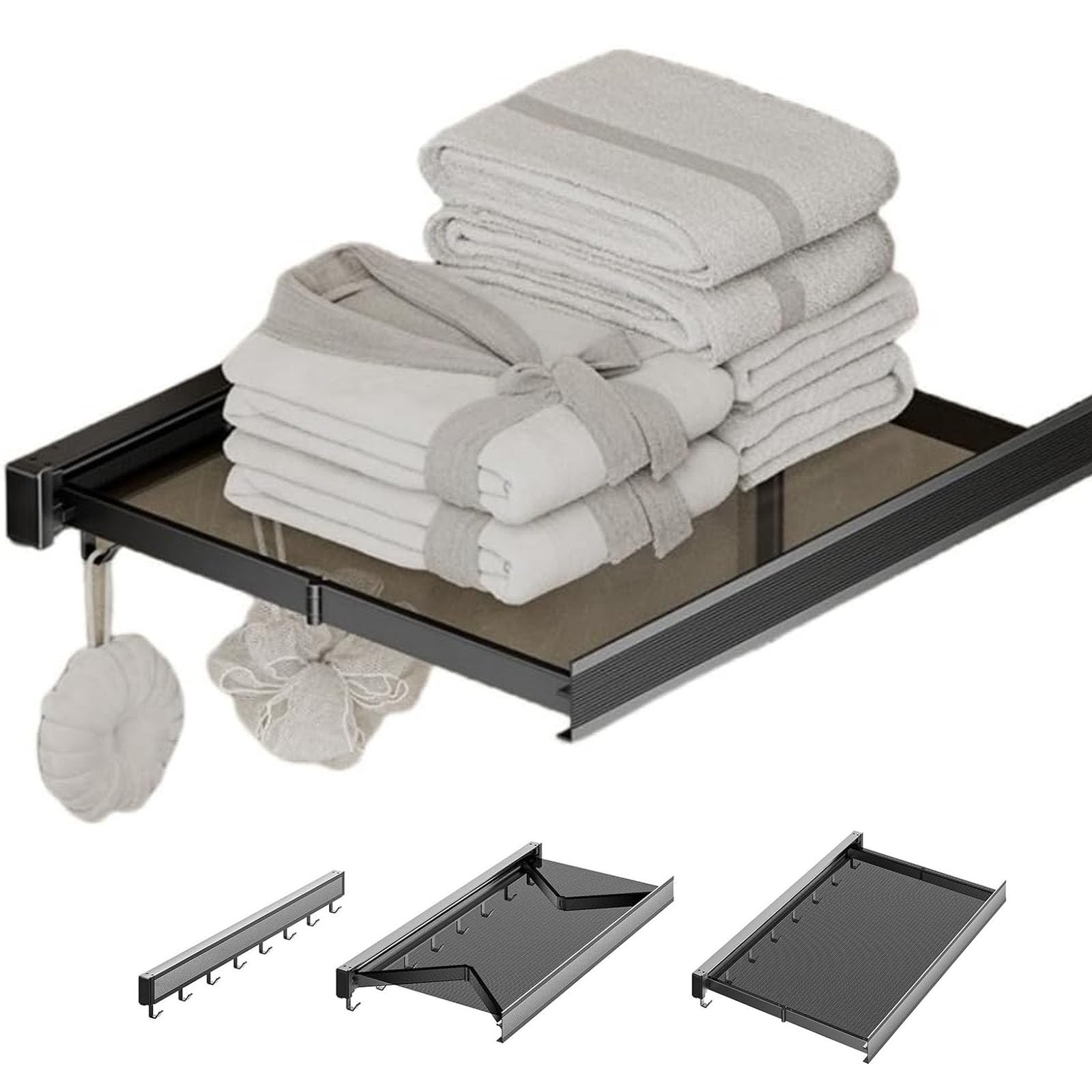 JOOHY 壁掛けラック 折りたたみ 伸縮式 棚 タオルラック 物干しラック ウォールラック ランドリーラック 洗面所 脱衣 所 浴室 ベランダ 壁付け コンパクト 省スペース 壁掛け 壁面収納 (ブラック、幅60cm)