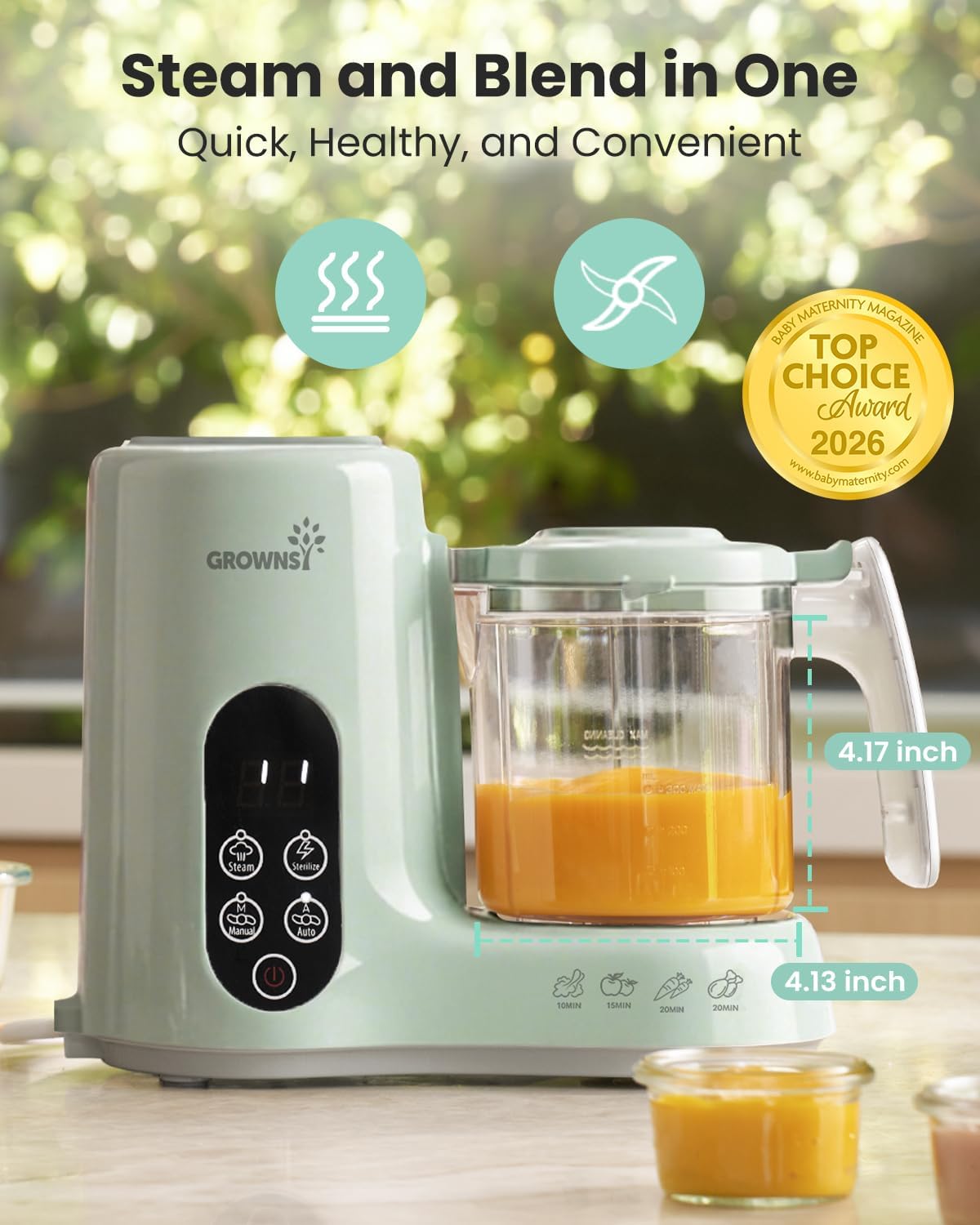 Grownsy Baby Food Maker with Steam Basket, One Step Baby Food Processor Steamer Puree Blender Grinder Mills Machine, Auto Cooking Grinding and Sterili-zing for Healthy Homemade Baby Food, Green