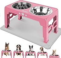 Vista 18 de Cuencos elevados para perros y gatos pequeños con alfombra, cuencos antideslizantes para gatos con 2 platos gruesos de acero inoxidable de 5.5