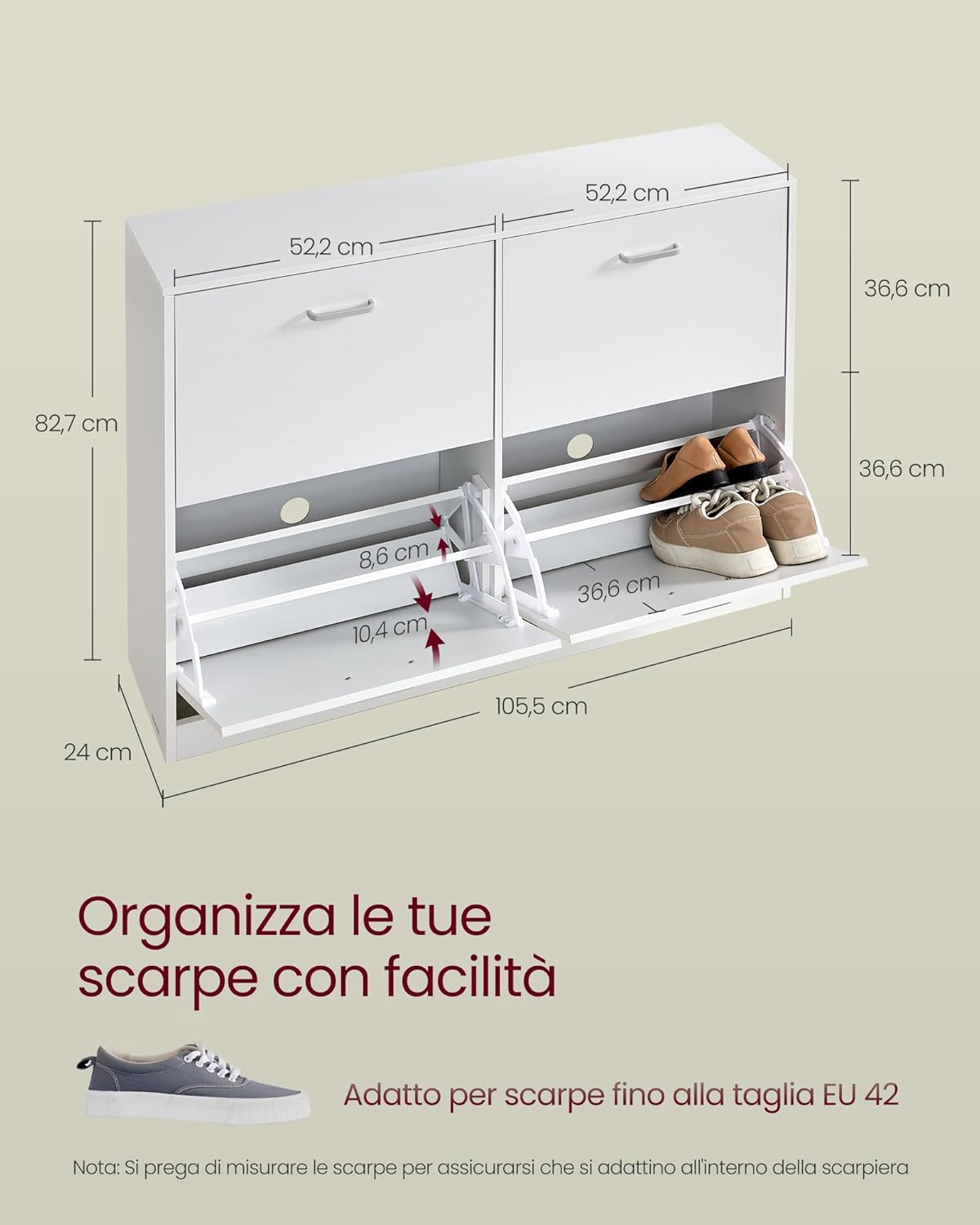 The VASAGLE LBC035W01 shoe cabinet with all four tilt-out doors open, displaying various shoes.