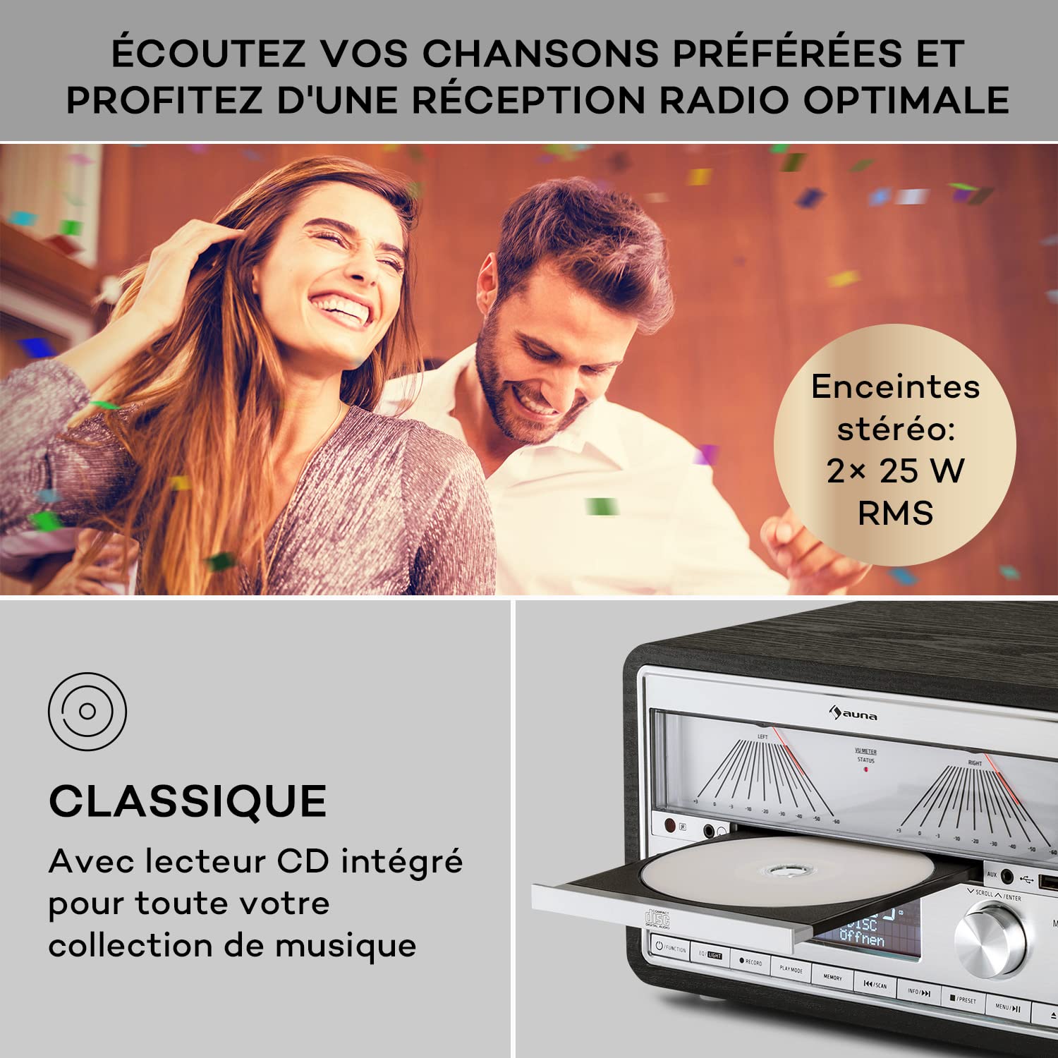 Auna Radio Portable Bluetooth, Poste Radio Numérique Dab/Dab+/FM/Streaming, Puissante de 25W avec Hauts-parleurs Stéréo Détachables, Écran LCD, Télécommande, MP3, Port USB, Alimentation Secteur