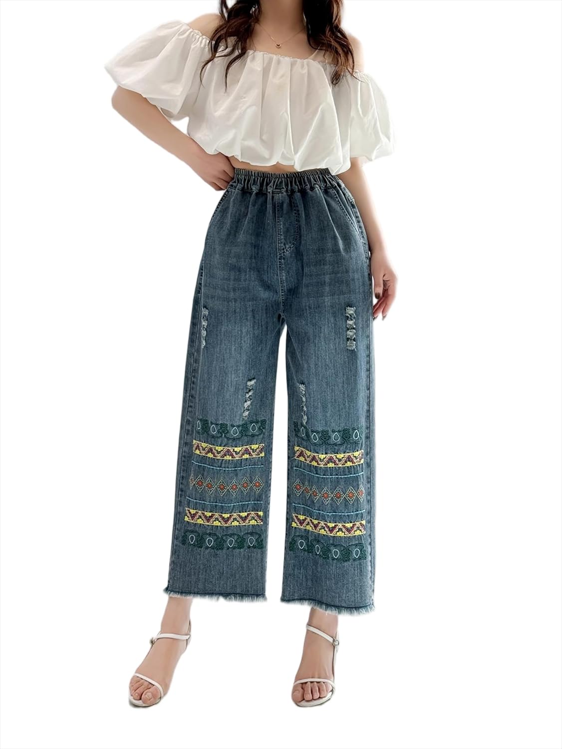 Womens Capri Denim Pants Lightweight Wide Leg High Waisted Jeans Casual Trousers with Pockets Embroidered Jeans Blue