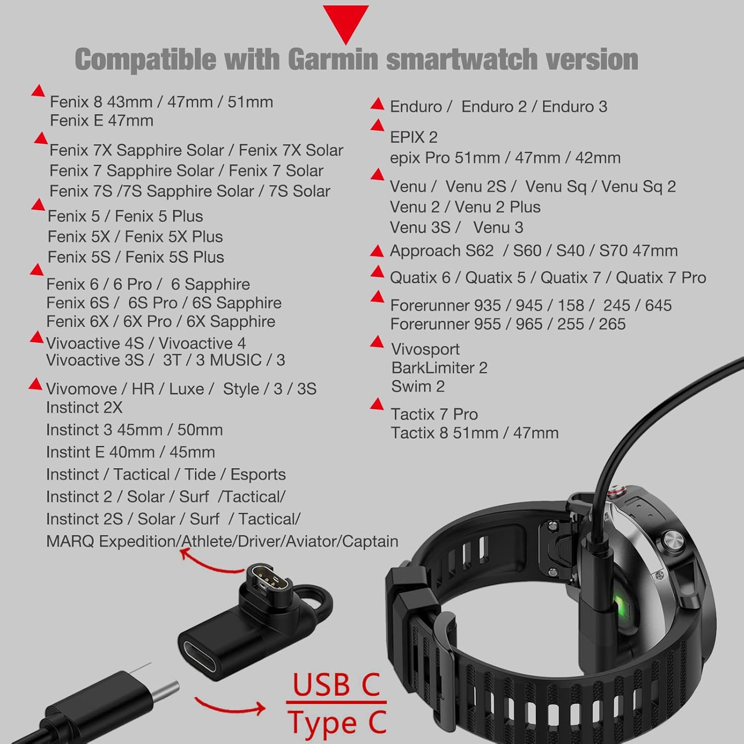 2-Pack USB-C Female to for Garmin Watch Charger Connector Male Adapter, Type C to Charging Adapter for Instinct 2 3 E/Fenix 8/6/7X/7/6X/Venu 2 Plus/epix/Forerunner 965 255