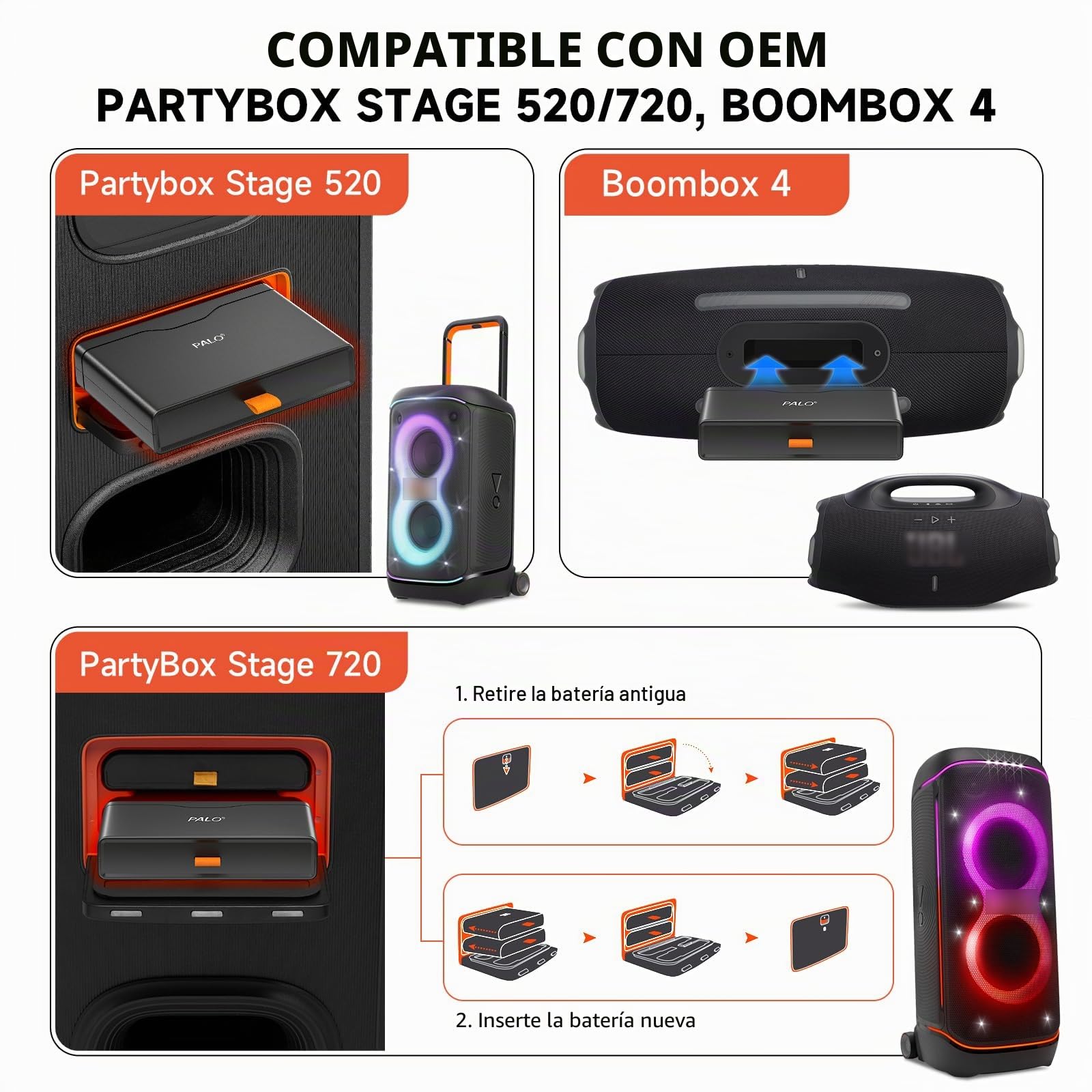 4800mAh Batería 600 para -JBL Partybox Stage 520, Partybox Stage 720, Boombox 4 - PD 30W Batería de Carga rápida con Salida/Entrada USB (1Pcs)