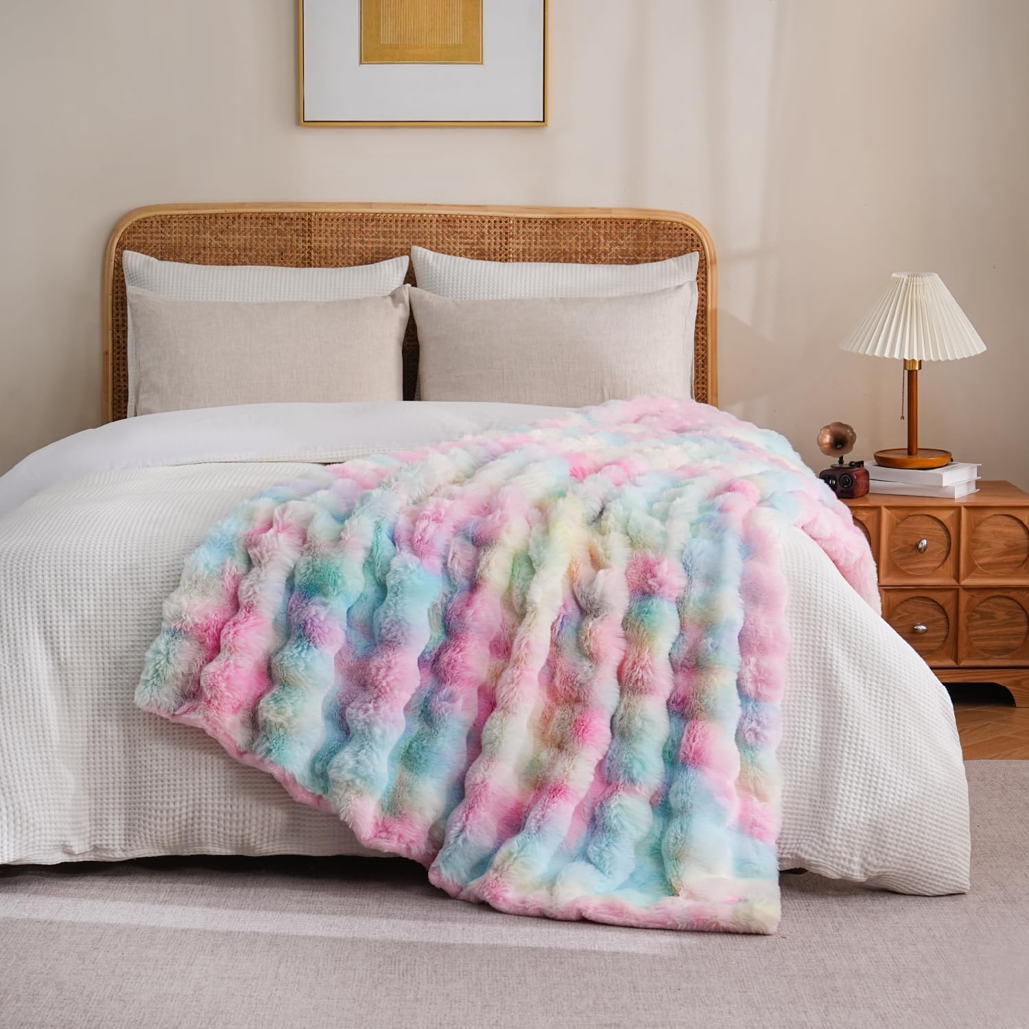 Pink Rainbow Faux Fur Throw Blanket for Couch Colorful Tie Dyed Plush Fuzzy Bed Throws Warm Thick Fleece Bubble Blanket for Sofa Bedroom Living Room, 63"x79" - Image 7