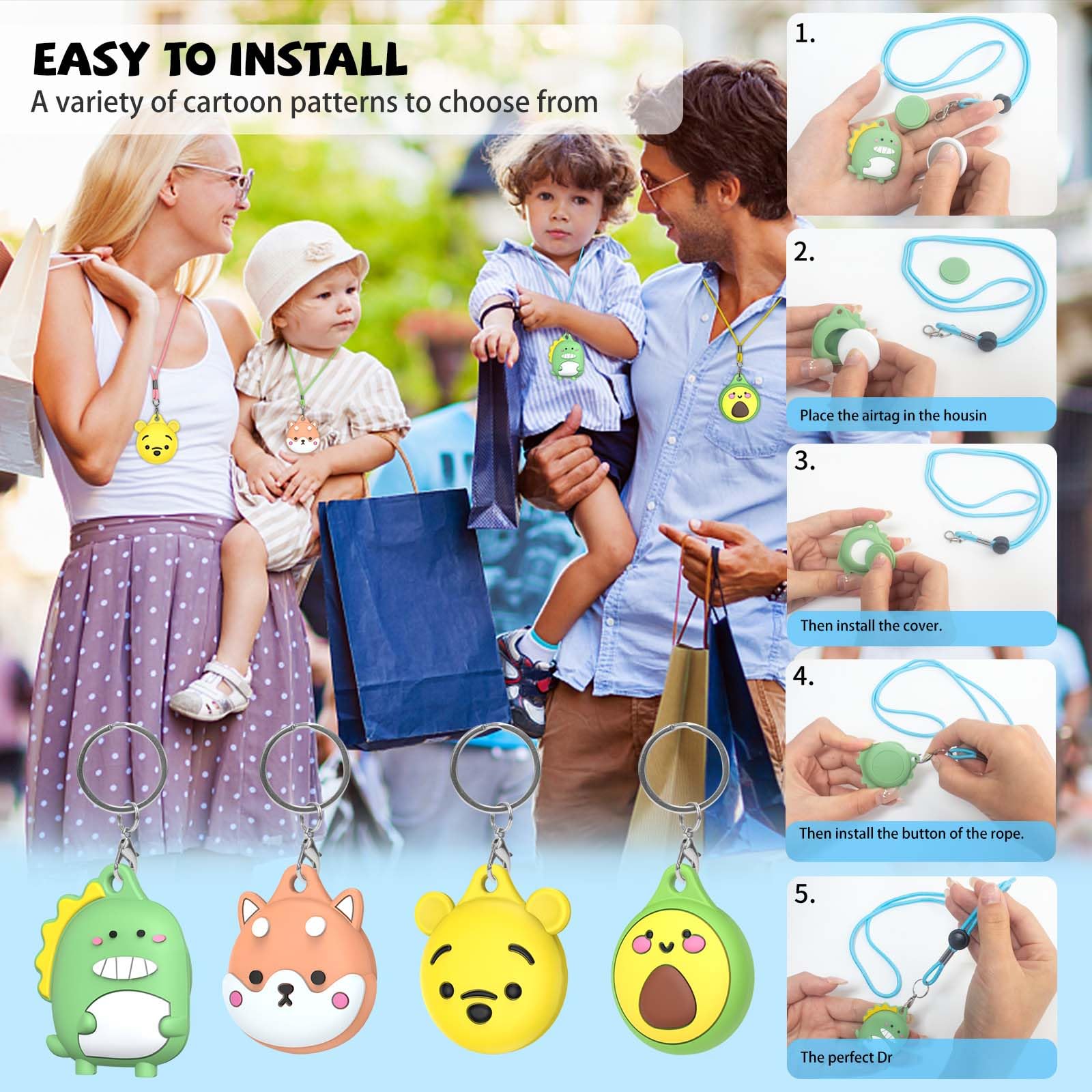 Générique 4pcs Enfants Cartoon Collier Case pour Apple AirTag, Étui en Silicone Confortable et Ajustable Caché, Collier AirTag Adapté aux Enfants pour Traceur GPS Apple AirTag Style D