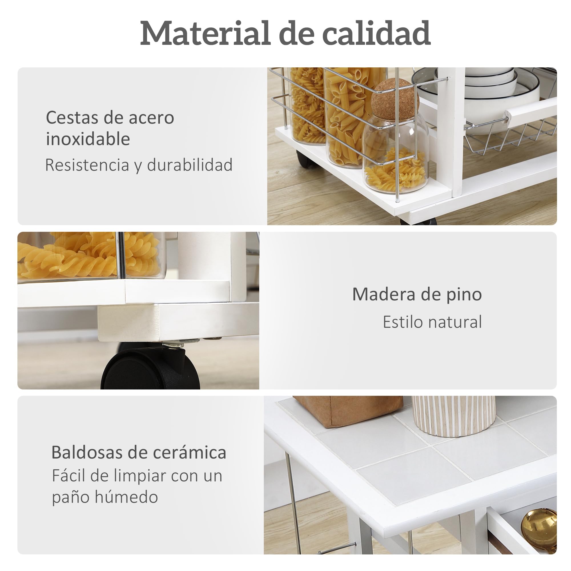 HOMCOM Carrito de Cocina con Ruedas y Encimera Baldosada Carrito Verdulero con Cajón, 4 Cestas Metálicas y 4 Porta Especias Laterales para Comedor 57x37x83 cm Blanco