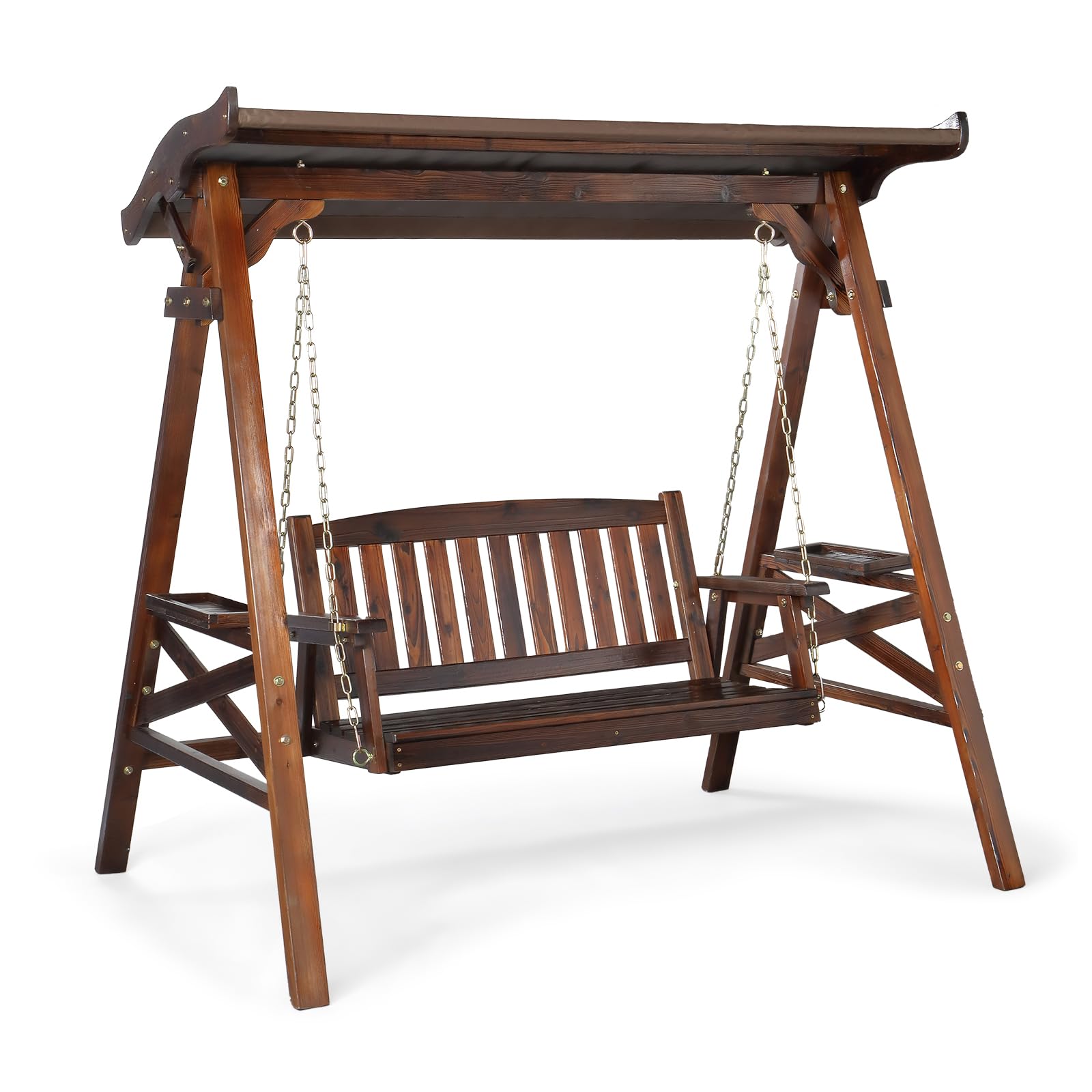 VINGLI Porch Swing with Stand, Porch Swing with Canopy, Waterproof Patio Swing with Cup Holder, Outdoor Swing Set for Garden, Yard, Patio, Rustic