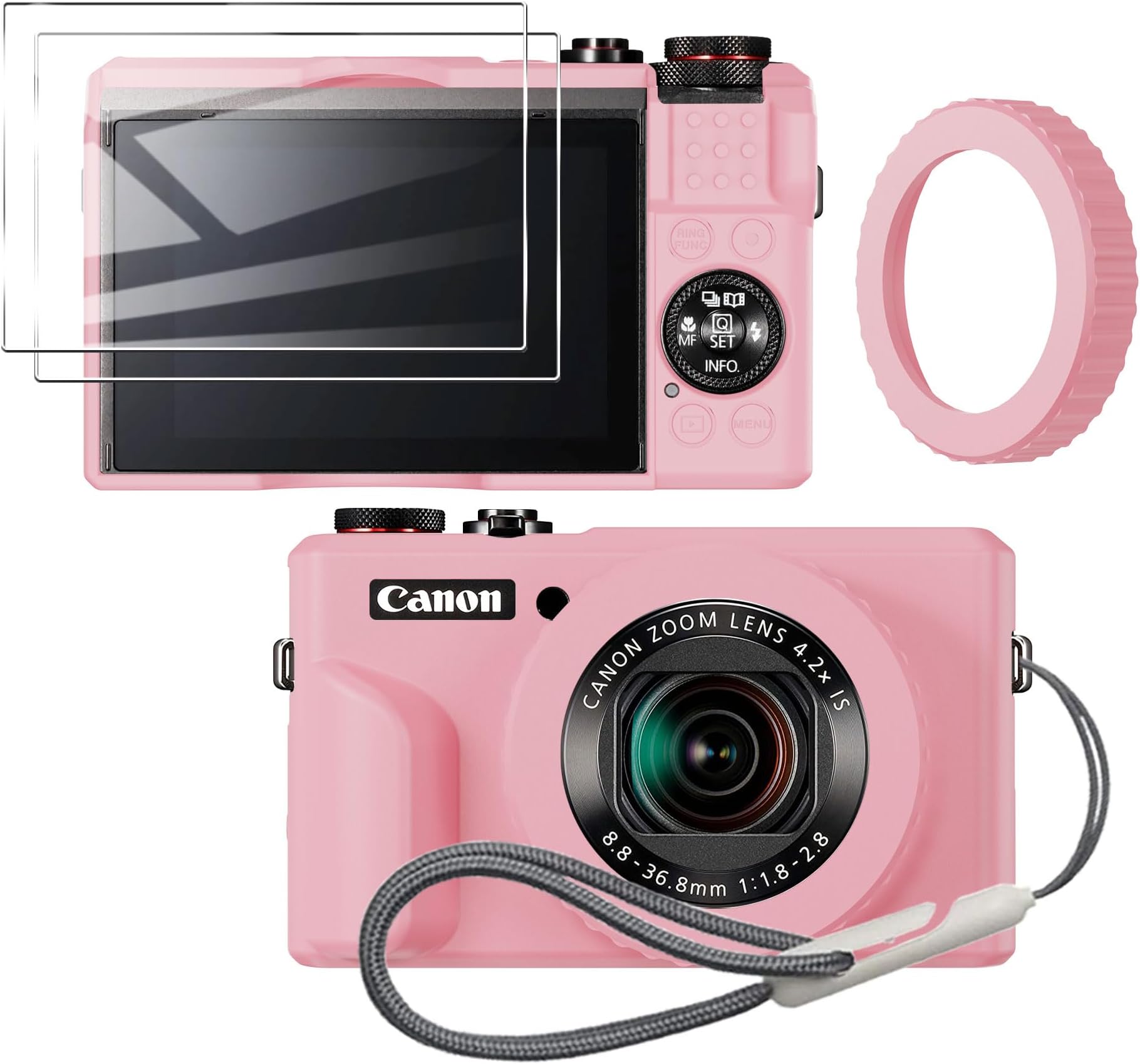 Case for Canon PowerShot g7x Mark ii Camera Removable Lens Cover, Adjustable Focal Length,Silicone Cover Rubber Soft Camera Case and G7x Mark ii Screen Protector 2Pcs -(Pink)