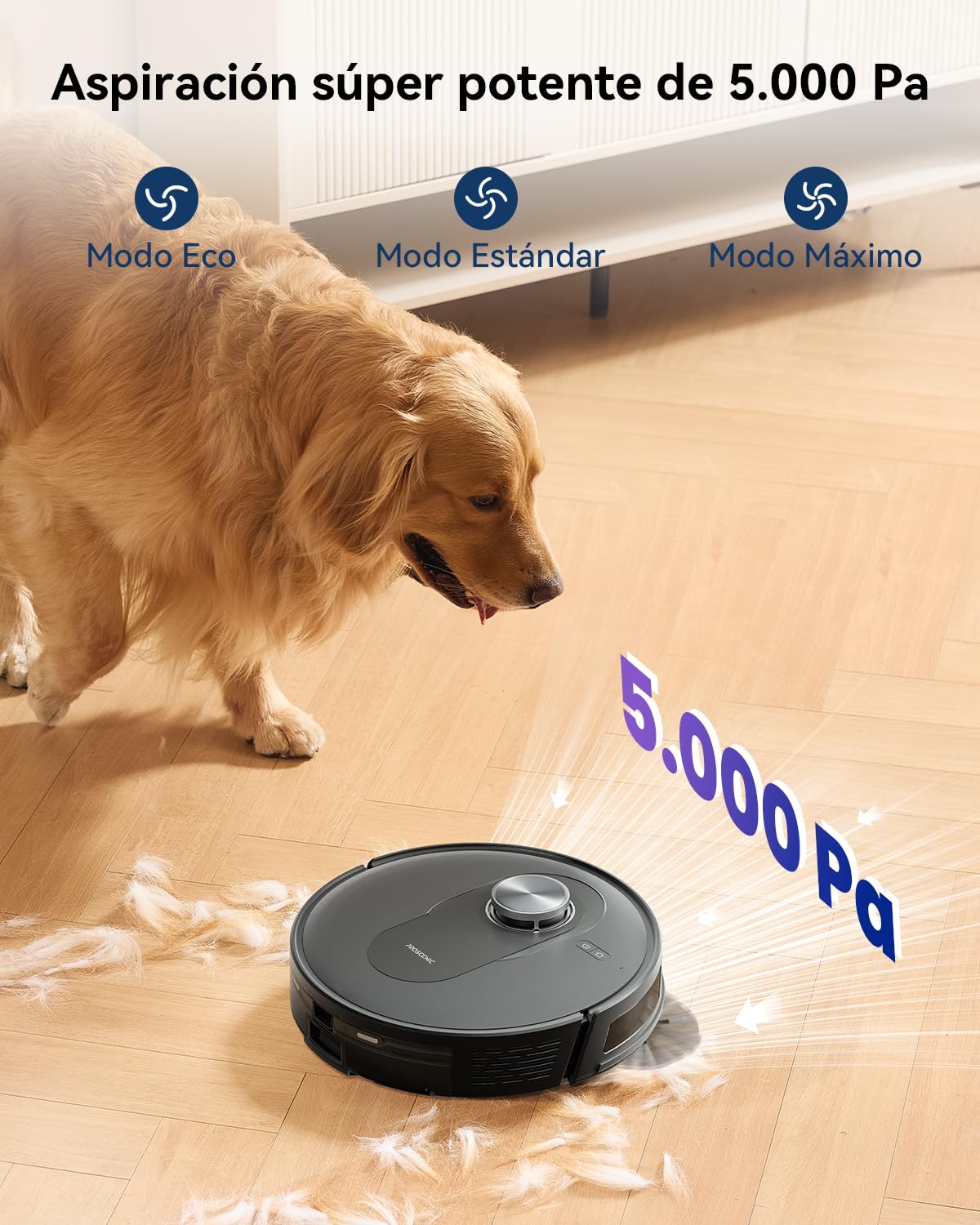 Proscenic Q8 MAX Robot Aspirador con Base Autovaciado, Navegación Lidar, 5000Pa/200Mins Potente Succión, Antienredos, Control de Voz/App/Aleax, Ideal para Pelo de Mascotas, Polvo, Piso y Alfombras