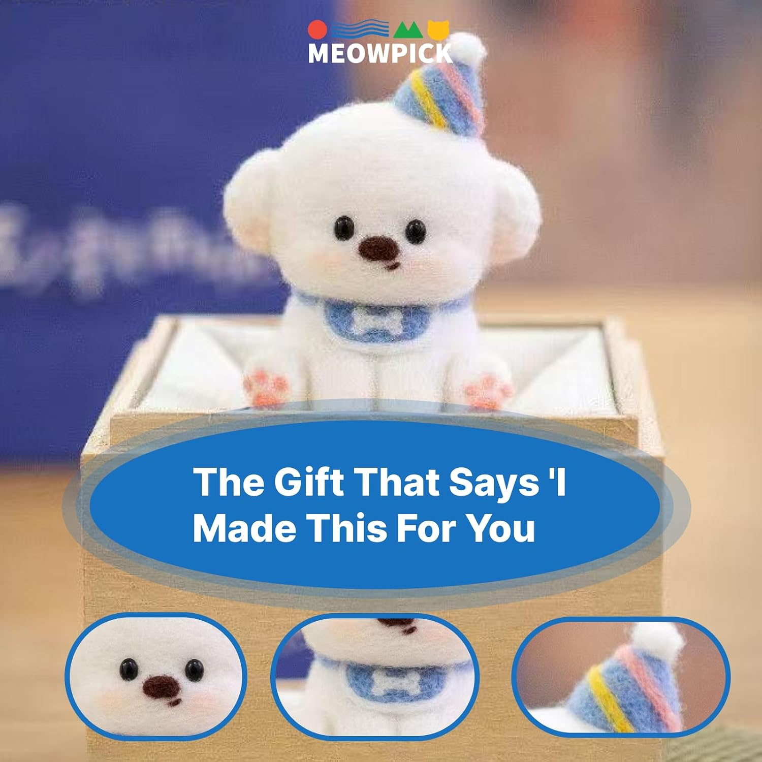 MeowPick Needle Felting Kit for Beginners, Cute Sitting Dog Wool Plushie, 8cm Desk Decor & Keychain, Bichon/Schnauzer/Shiba Inu, DIY Craft with Tools & Video, Pet Lover Gift (Bichon)