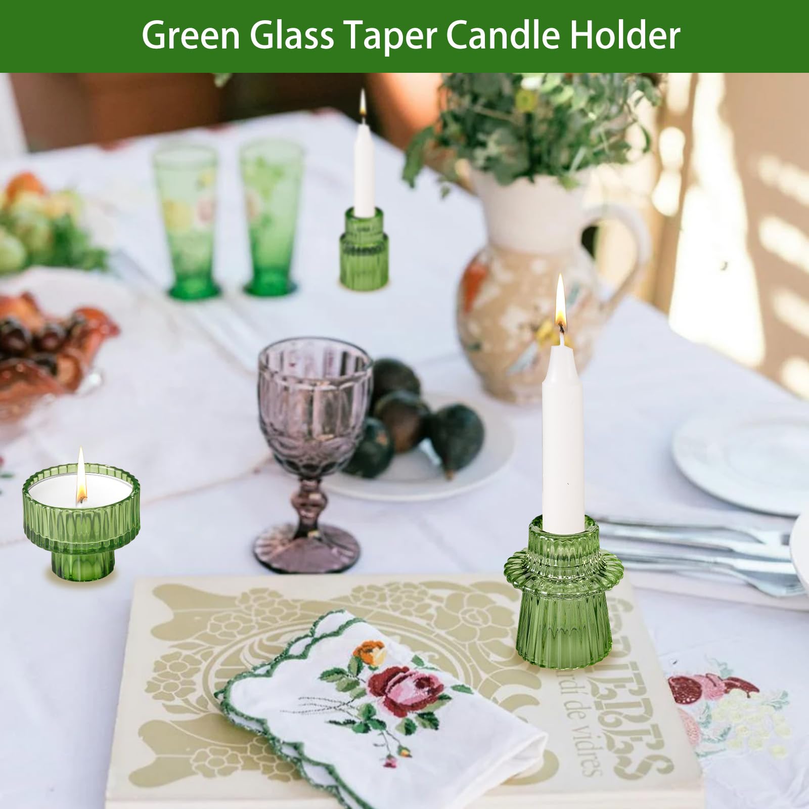 Green Taper Glass Candlestick Holders Set of 6, Tea Lights Candle Holder, Votive Candle Stick Holder for Party Wedding Dining