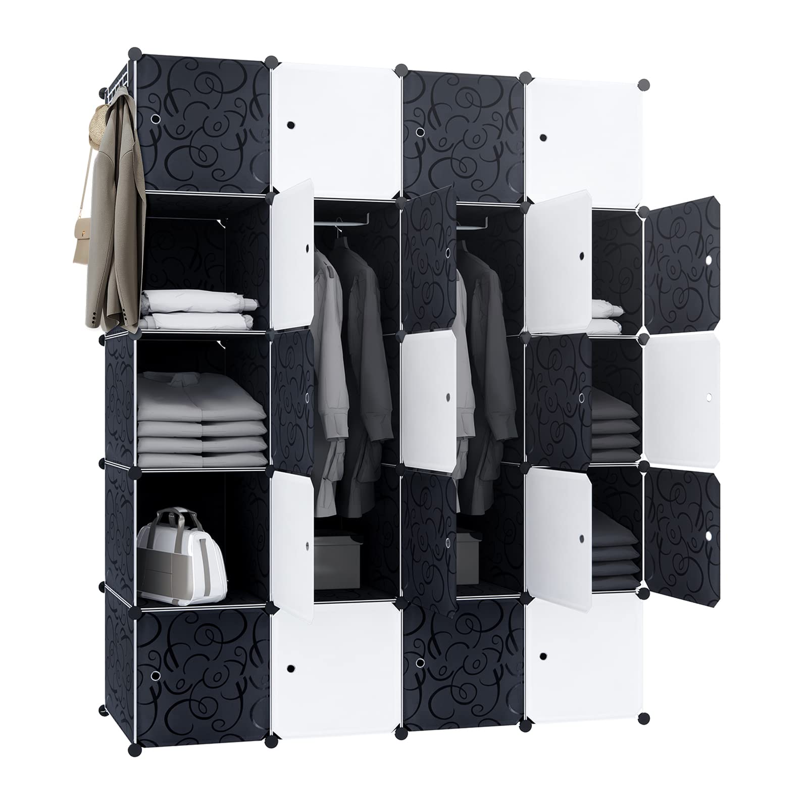 Armadio fai da te in plastica, con superficie sospesa, Scaffali Armadietto, 20 scomparti (45 x 37 x 178 cm, nero con motivo)