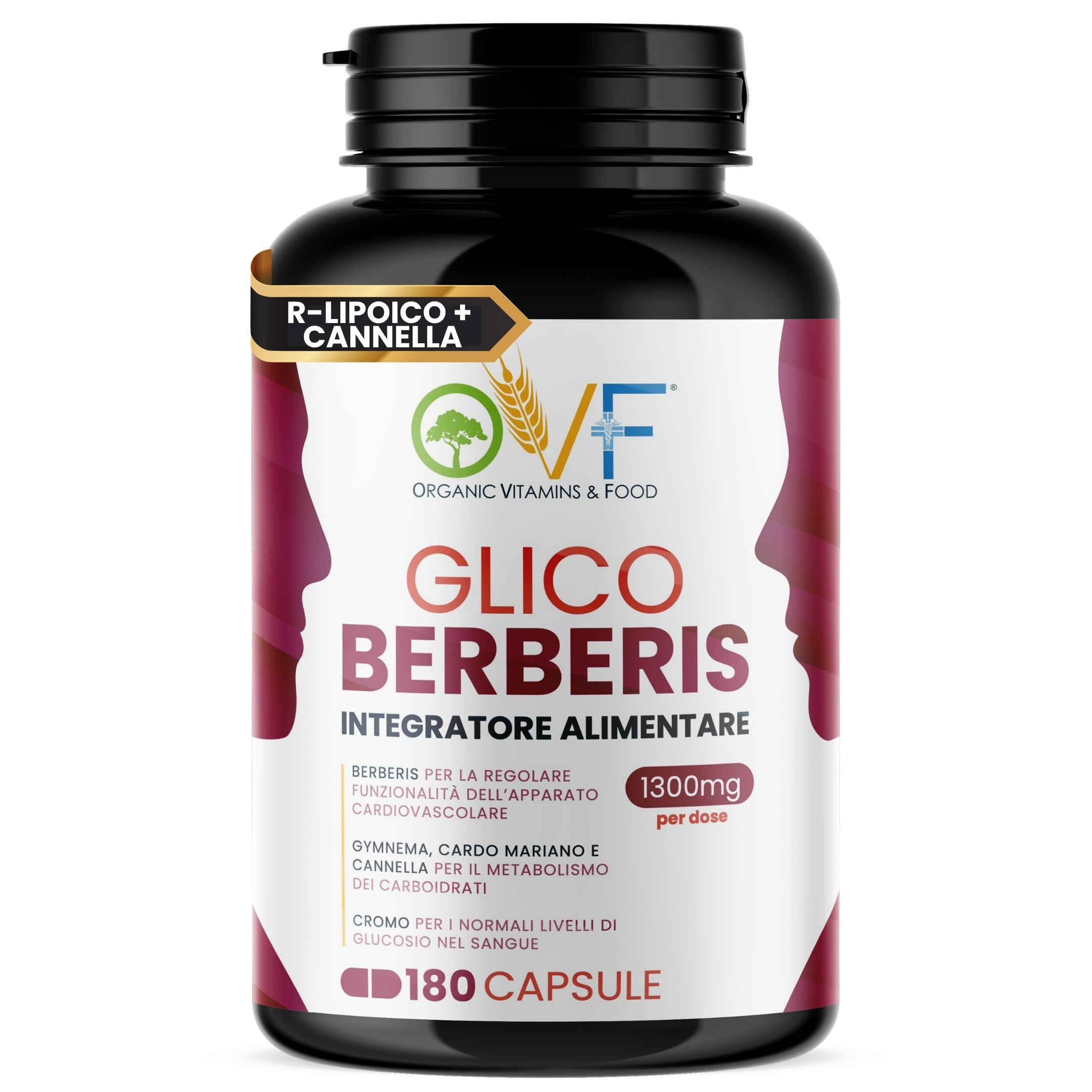 OVF Glico Berberis 180 cps Integratore Alimentare con Berberina, Acido Alfa Lipoico, Gymnema, Cardo Mariano, Cromo e Cannella Supporta Metabolismo e Favorisce la Funzionalità Cardiovascolare