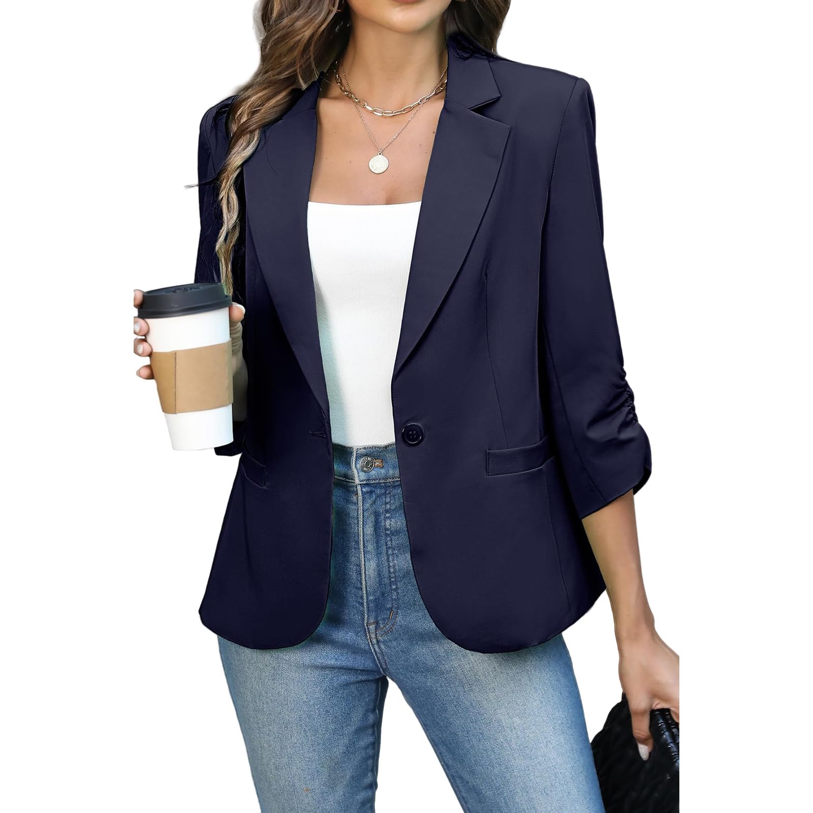 Blazers for Women Business Casual 3 4 Ruched Sleeve Blazer Jackets Slim Fit Jacket Padded Shoulder Office Work