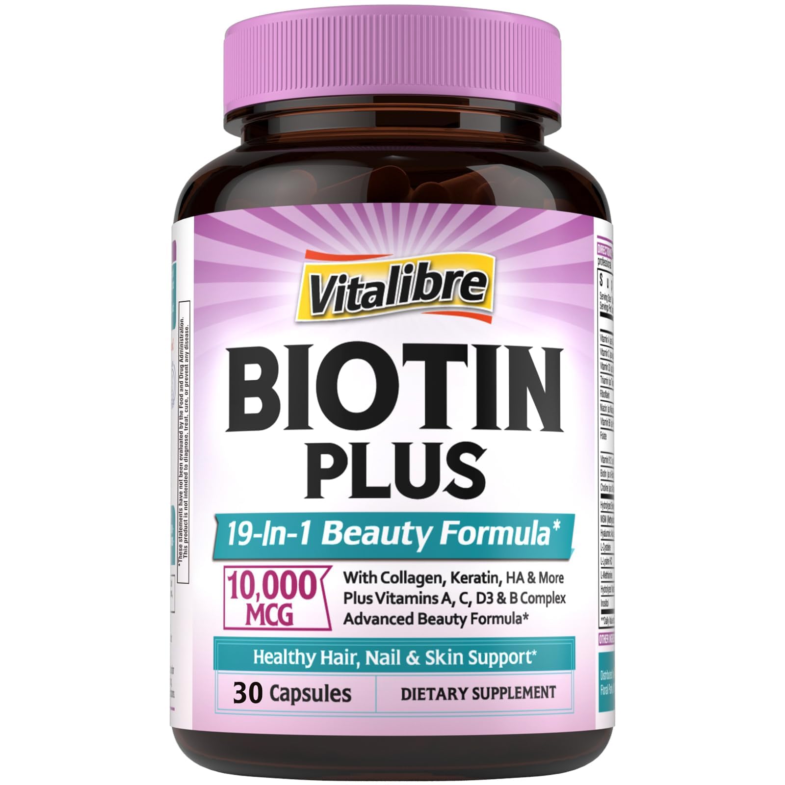 Vitalibre Biotin 10000mcg, Vitamin B7, Hydrolyzed Keratin, Hyaluronic Acid, Collagen, Amino Acids, MSM, Vitamins A, C, D3, B Complex, Hair, Nail, Skin, for Men and Women, 30 Caps 30 Count (Pack of 1)