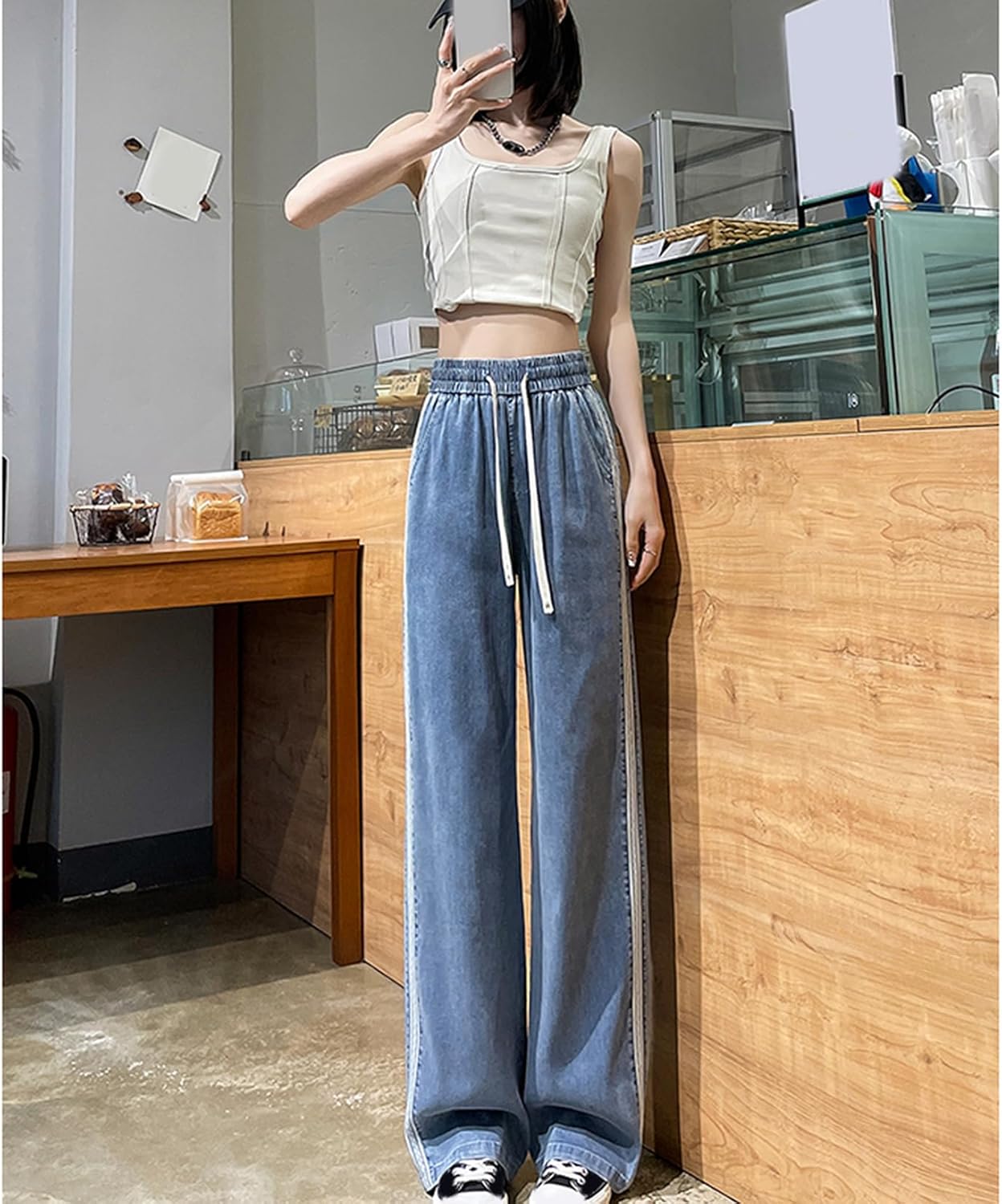 [HWQFM] レディース ジーンズ デニムパンツ ワイドストレート ファッション パンツ 夏 ロングパンツ ボトムス ジーパン 森