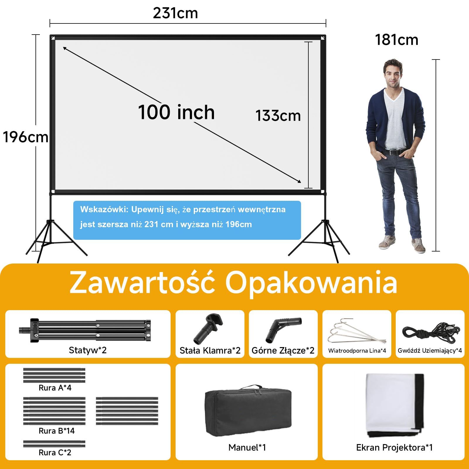 VISULAPEX Ekran do Projektora ze Statywem, Przenośny Ekran do Projektora 100 cali, 16:9, 4K HD, Składany Ekran do Projektora do Noszenia Wewnątrz, Kino Domowe (100")