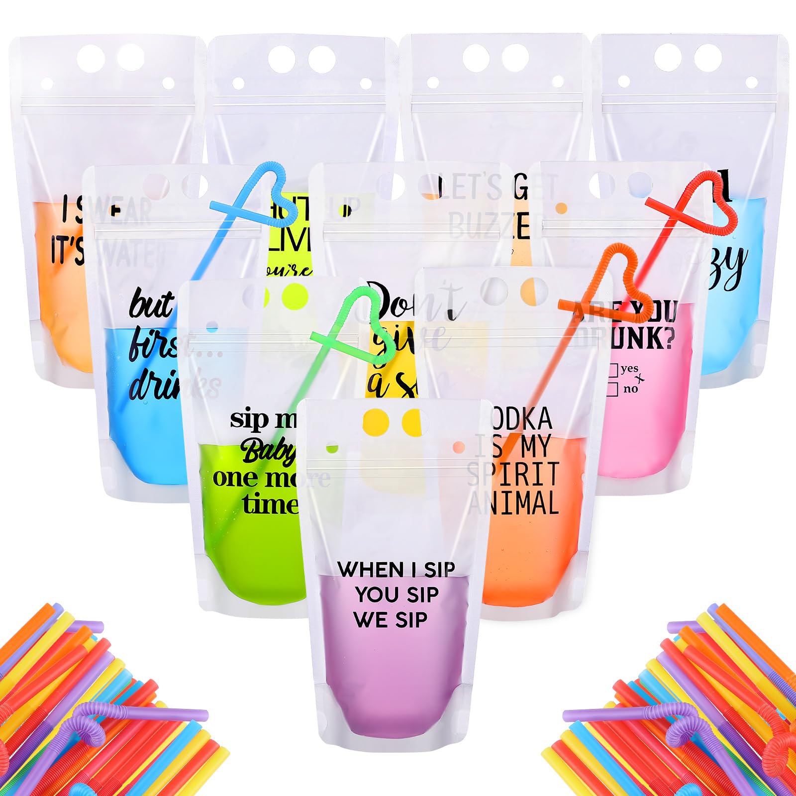 Honeydak 30 Sets Drink Pouches with Straws Colorful Adult Drink Bags Zipper Party Beverage Funny Novelty Juice Party Pouches Translucent Stand-up