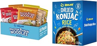 KONJOY High Protein Ramen & Konjac Rice Bundle – 10-Pack Protein Ramen Variety (Chicken, Beef, Curry, Black Garlic Tonkotsu) with Dried Shirataki Rice (12 Pack), Low Carb, Vegan, Healthy Meal Combo