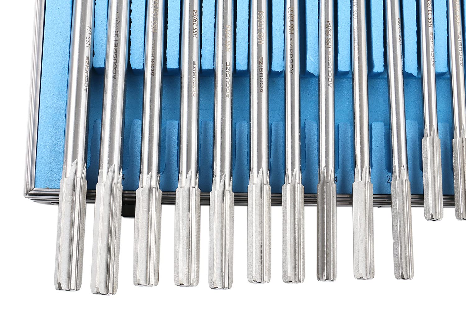 Accusize Industrial Tools 29 Pc Set 1/16 to 1/2 inch by 1/64 in HSS M2 Premium Chucking Reamers, Straight Flute, Aluminum Case, 5528-SF00