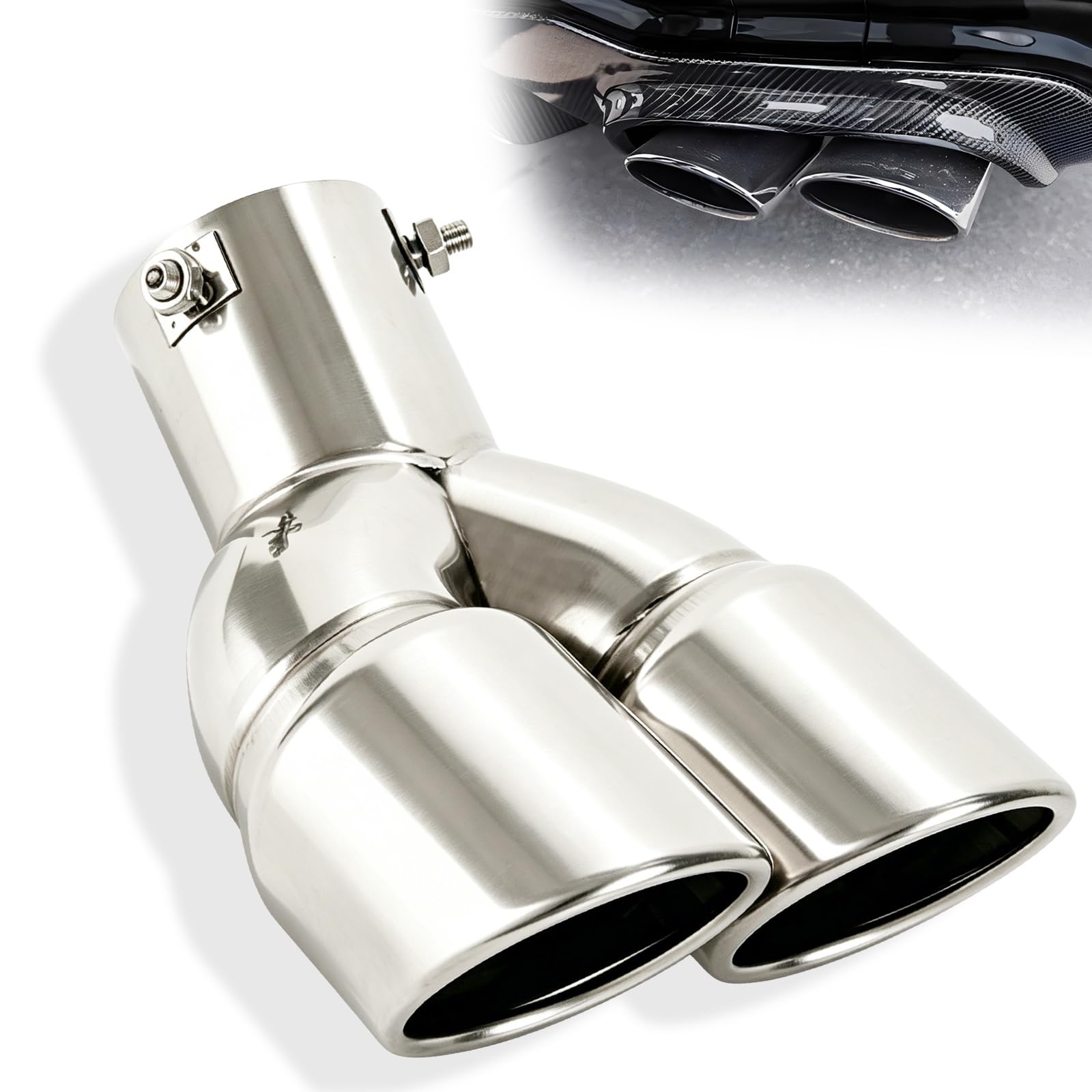 Embout D'Échappement Double de Voiture, Épaissi Acier Inoxydable Extrémités de Tuyau D'échappement, Auto Silencieux Inoxydable Échappement, Sortie D'échappement Double, Argentée Coudée 63 mm