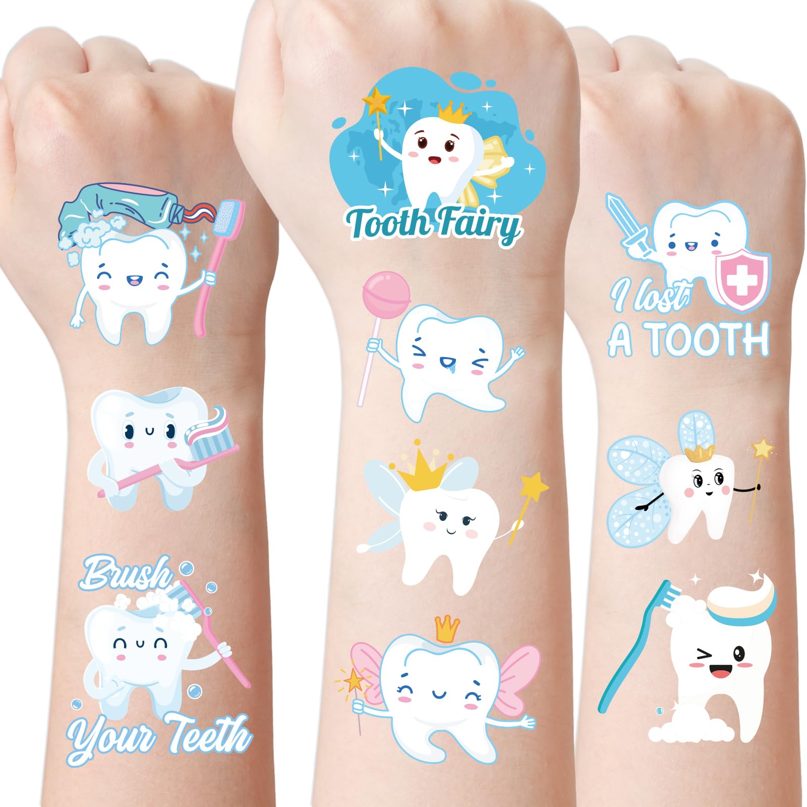 Dental Tooth Temporary Tattoos Stickers - 8 Sheets 280 Pcs Cute Cartoon Teeth Fairy Gifts One's First Teeth Tattoo Sticker for Kids Funny Dentist