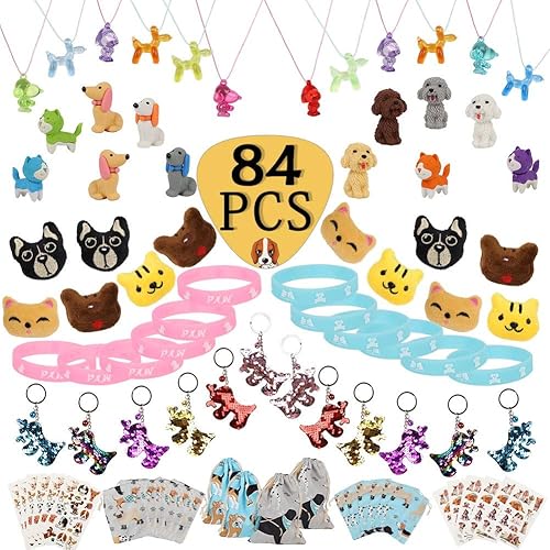 Paquete de 84 piezas de juguetes para fiesta de pata de perro, broche de perro, llavero, pulsera luminosa, tatuaje, borradores, bolsa de regalo para