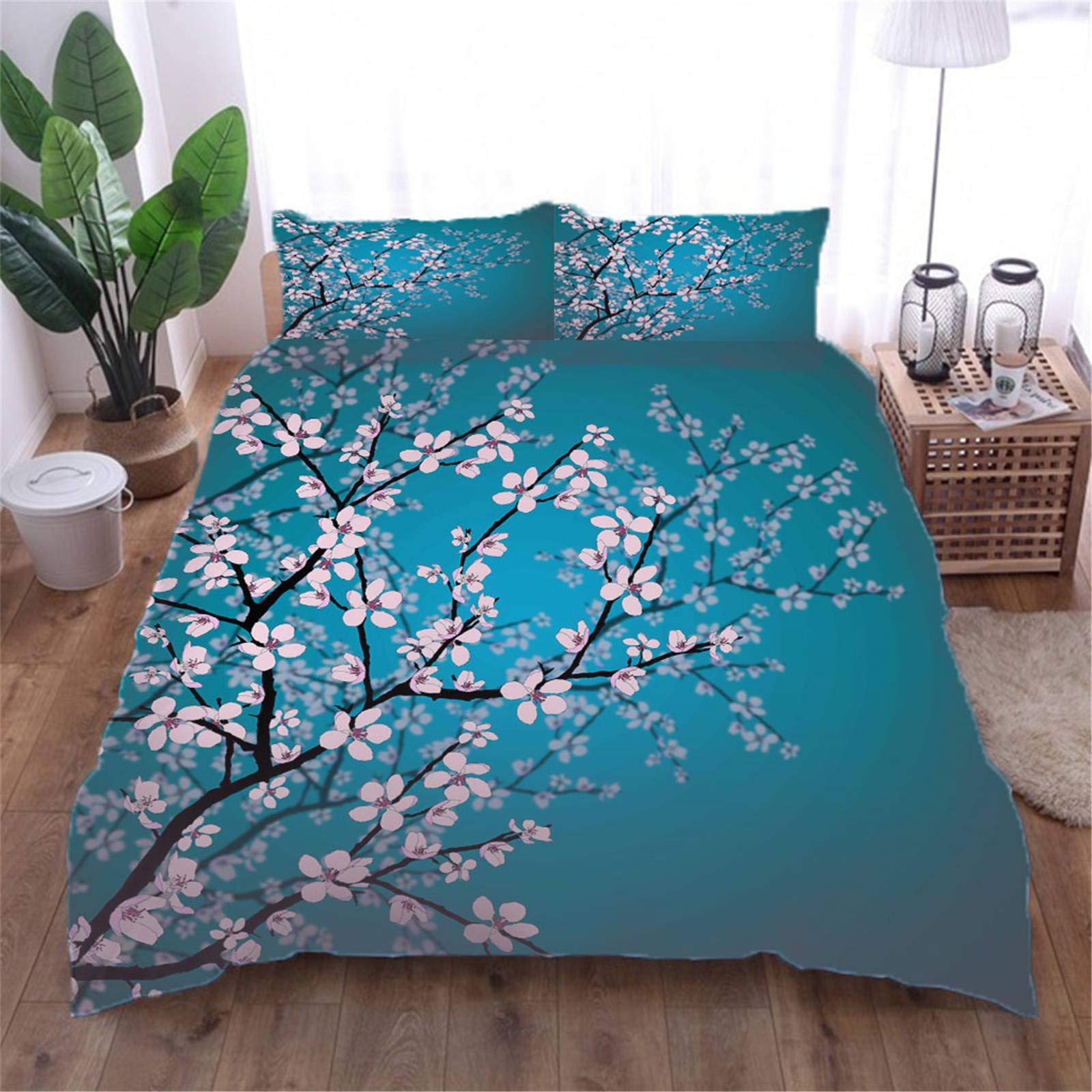 Aouauro Pink Double Duvet Cover Set Cherry Blossoms Bedding Set With Zipper Closure Microfiber Bedding Quilt Cover 2 Pillowcases For Children Kids Teens Adults 200X200cm 3D Printed 3Pcs Set