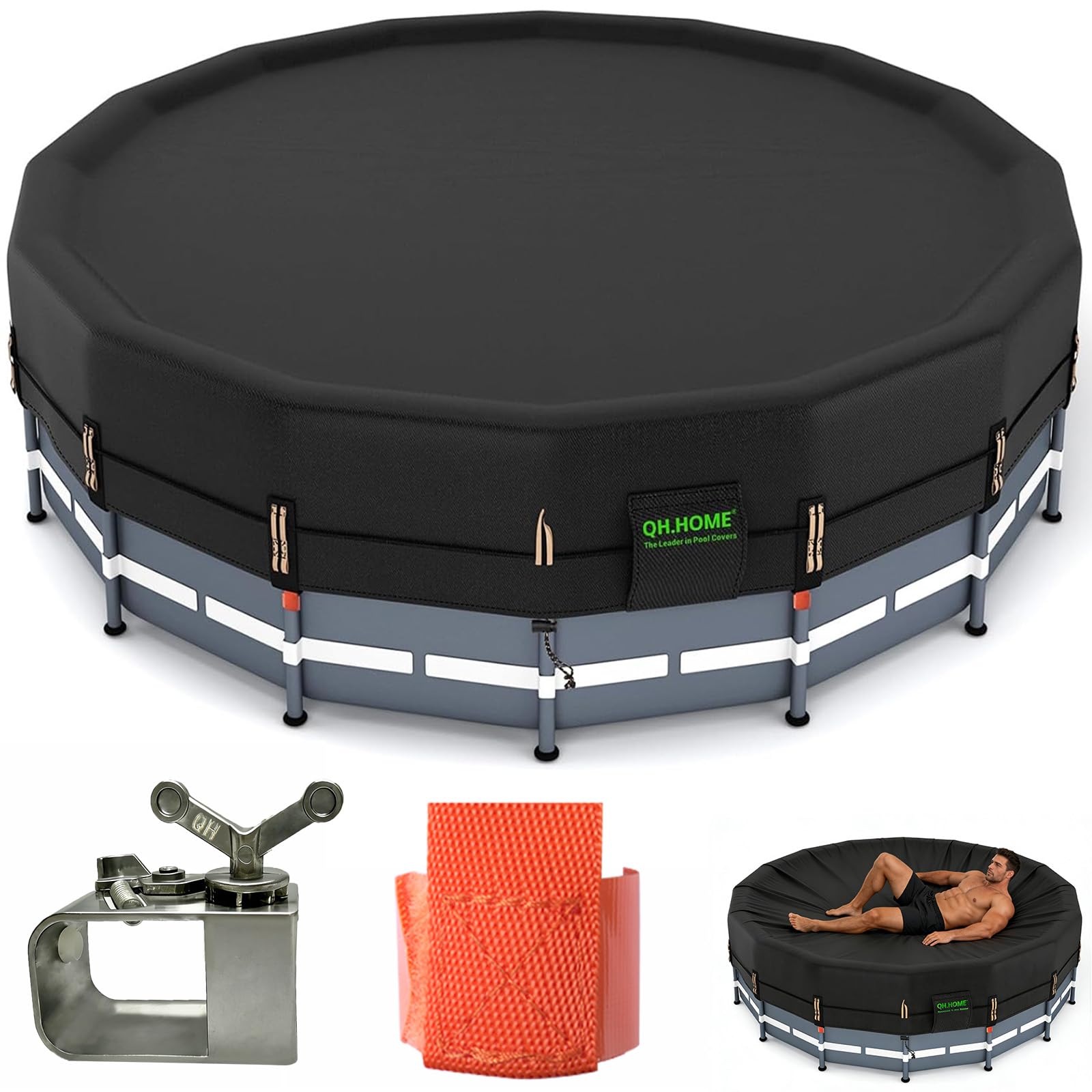 Photo 1 of QH.HOME 550D 18ft Pool Cover Round[Upgraded Tear Resistant & Quadruple Windproof] wth Pre-Installed Patented Winch and Rope, Pool Covers for Above Ground Pools-Snug Fit & Waterproof Protection