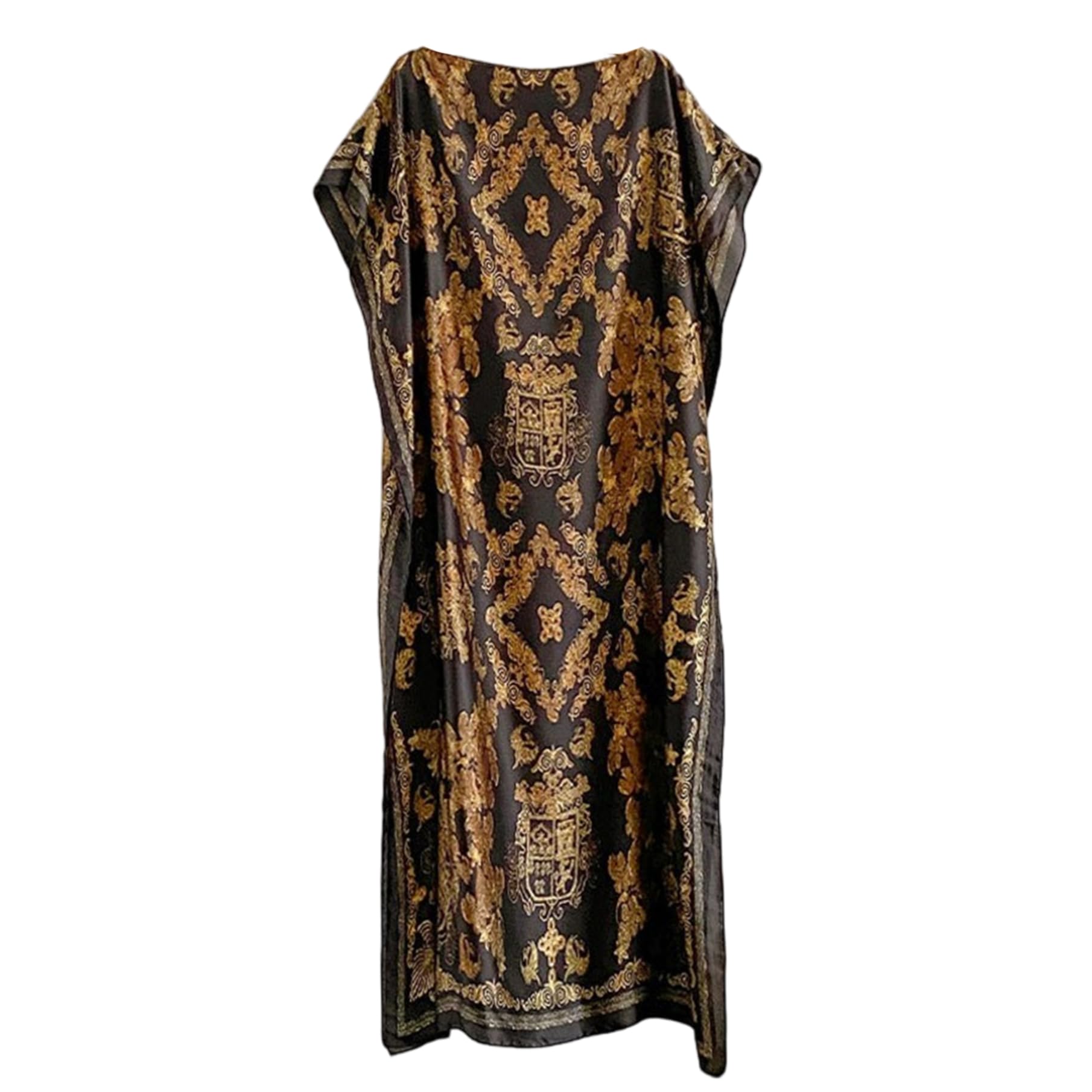 Uanqfegy Simulated Silk Caftan Dresses for Women – Kaftan Beach Resort Cover Up with Matching Scarf(Black Brown)