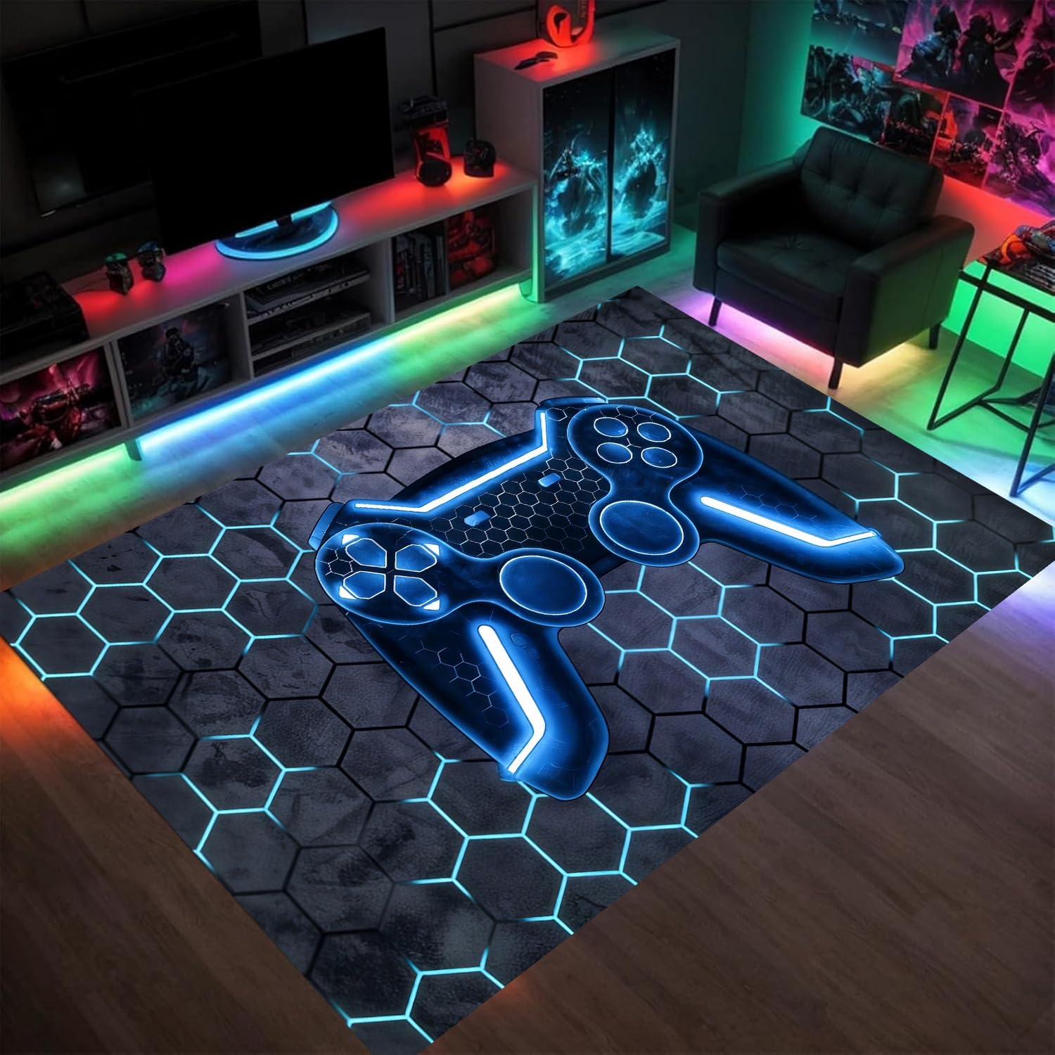 HONGXIU Game Console Area Rug for Bedroom Sofa Playroom Gaming Geometric Bedside Rugs Gamer Decorative Floor Mat Carpet (160x200cm)